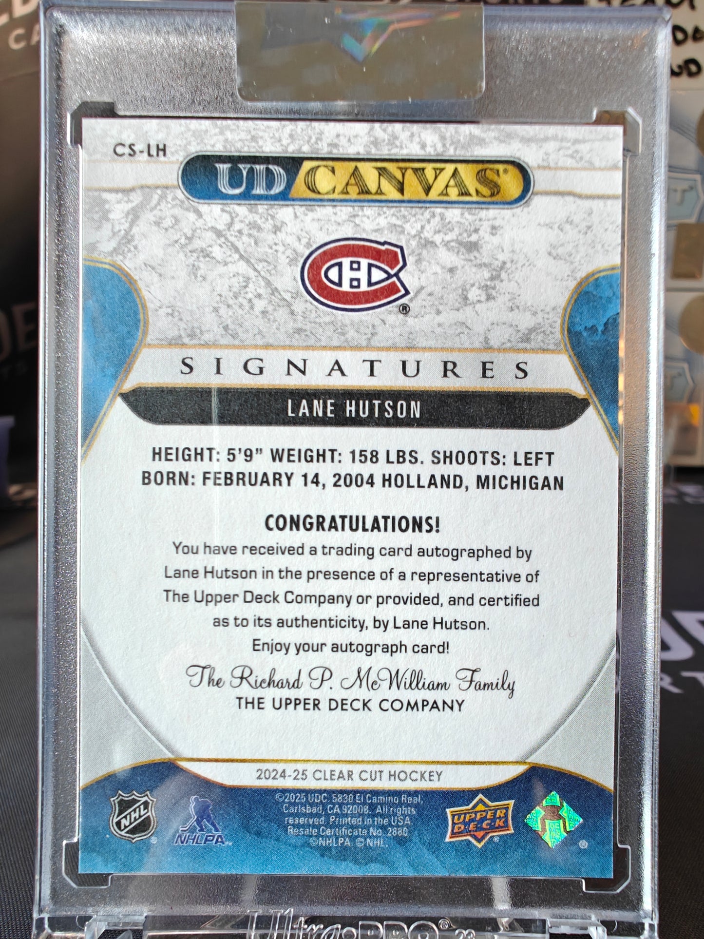 Upper Deck 2024-2025 Clear Cut UD Canvas Signatures Lane Hutson CS-LH Auto