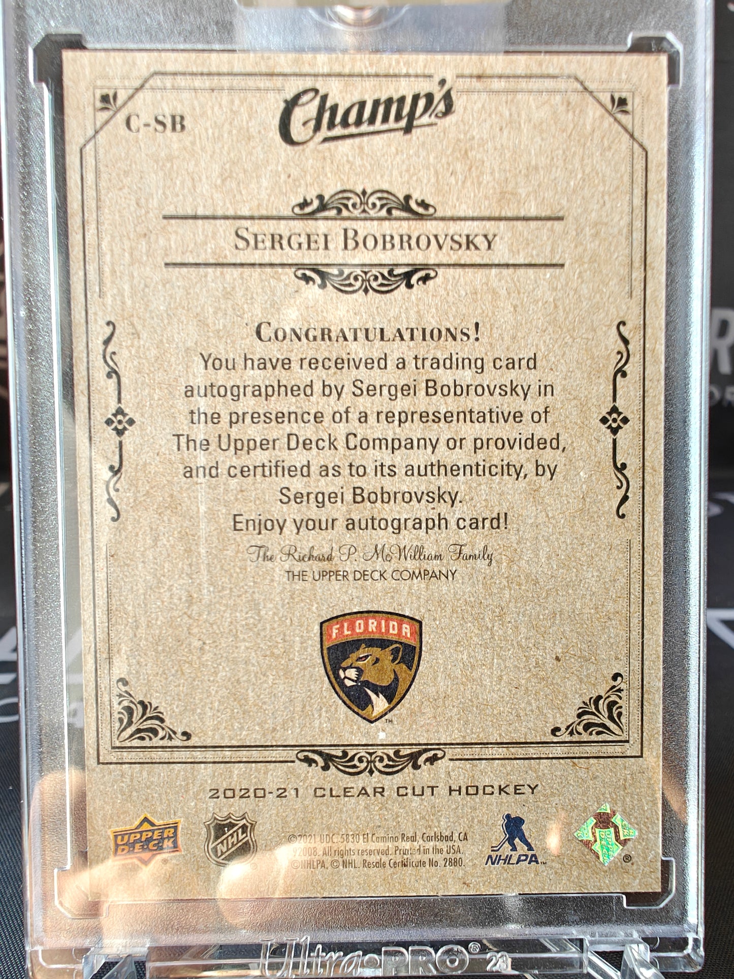 2020-21 Upper Deck Clear Cut Champ's Green Auto Sergei Bobrovsky /25 #C-SB