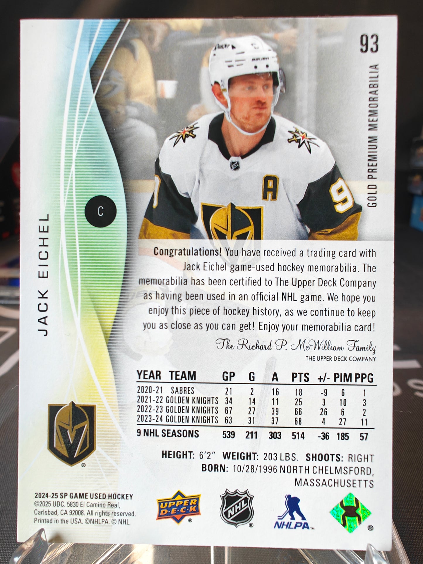 2024-25 Upper Deck SP Game Used #93 Jack Eichel Gold Premium Patch /10