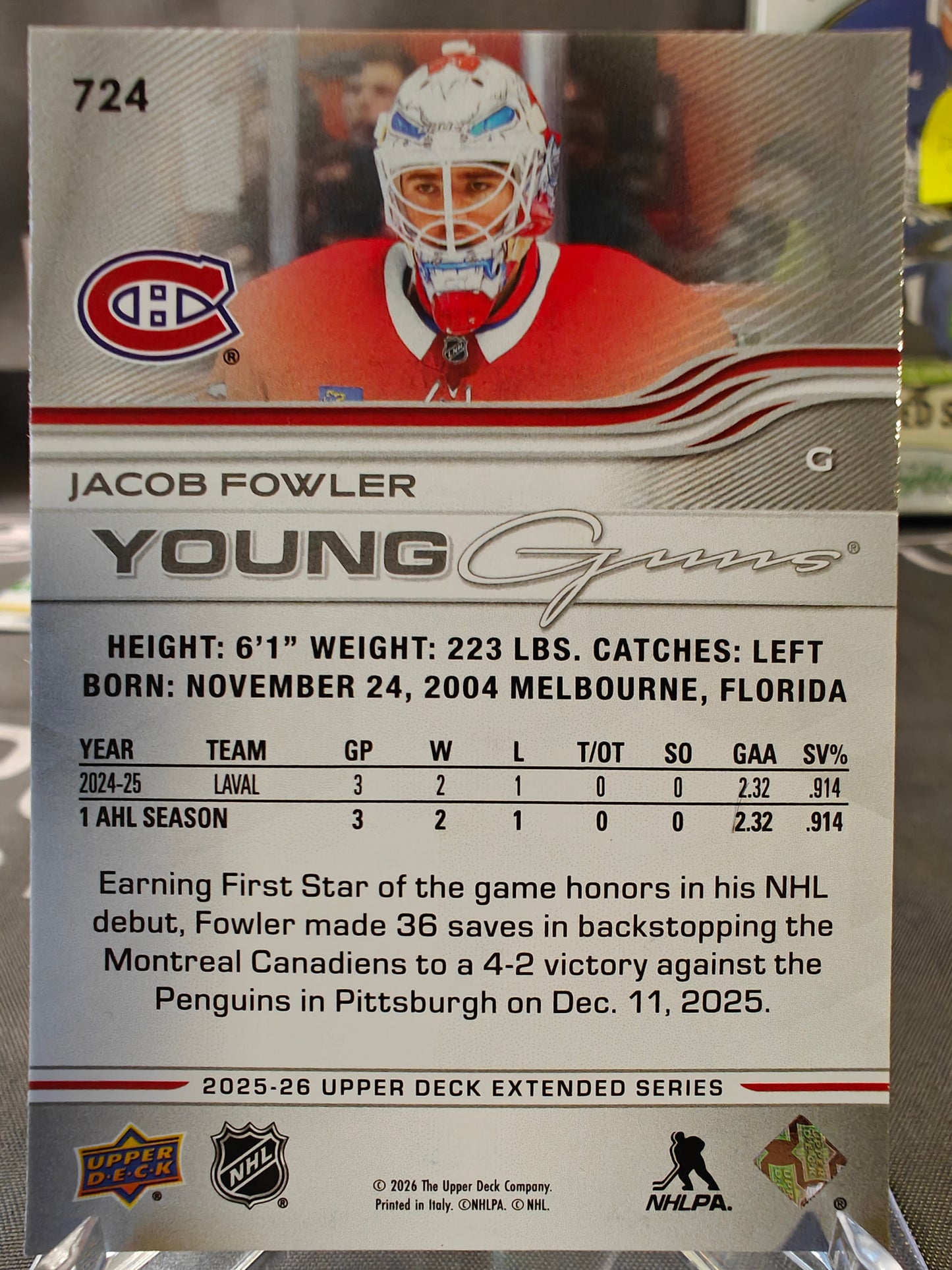 2025-26 Extended JACOB FOWLER Young Guns Rookie Card RC-Montreal #274