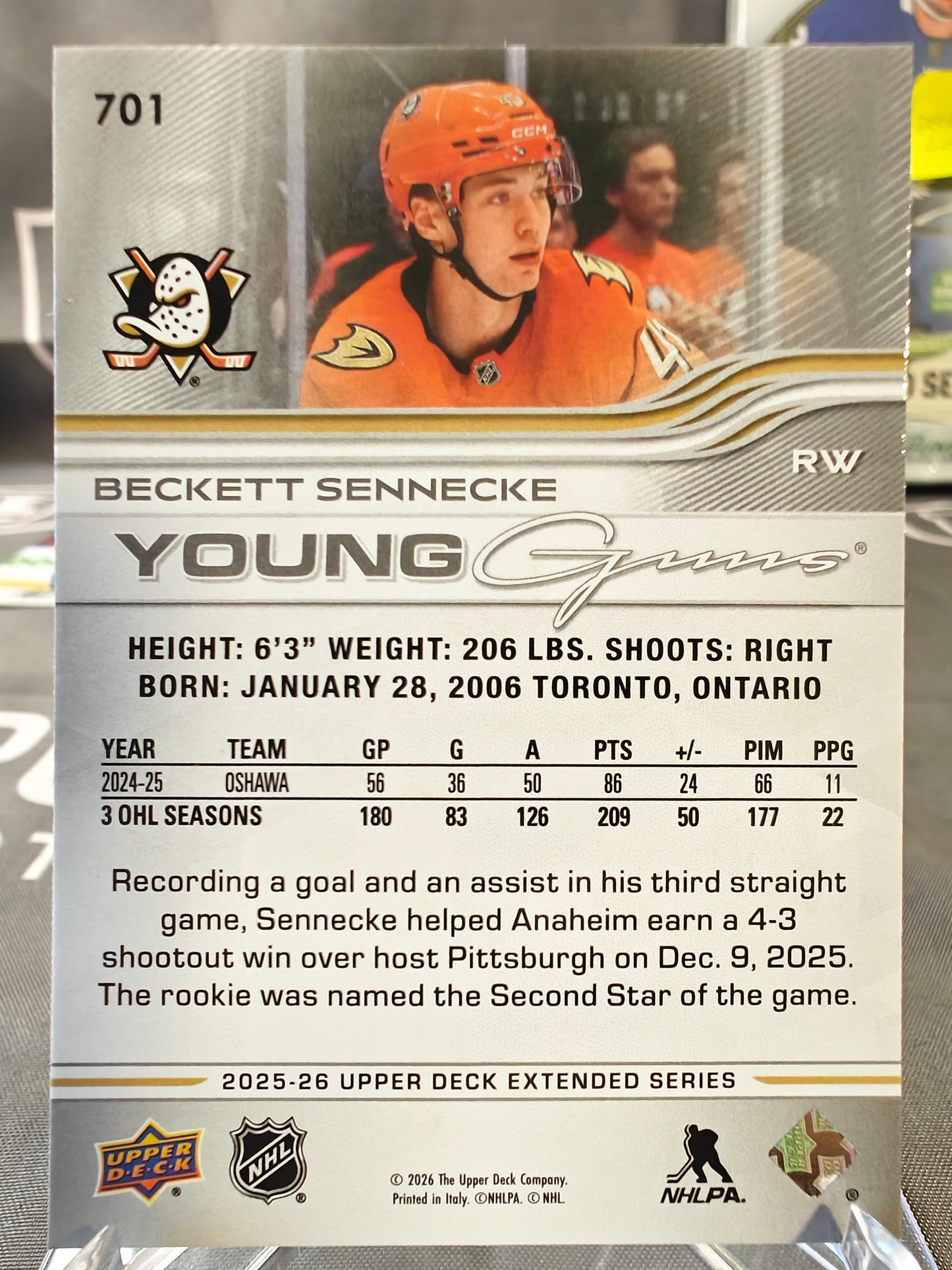 2025-26 Upper Deck Extended Beckett Sennecke Young Guns #701 Ducks