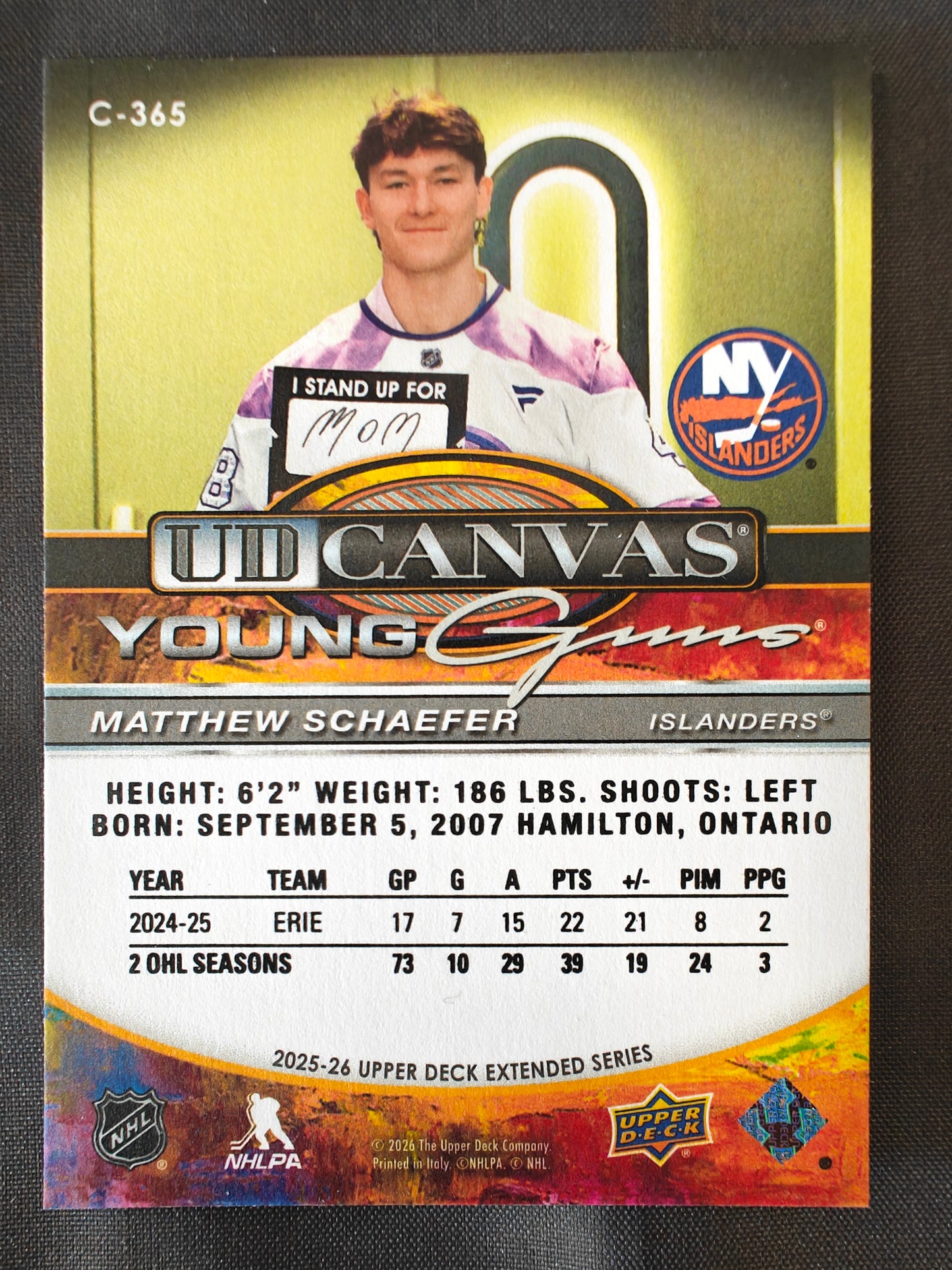 25-26 UPPER DECK YOUNG GUNS UD CANVAS - MATTHEW SCHAEFER RC #C-365 ISLANDERS