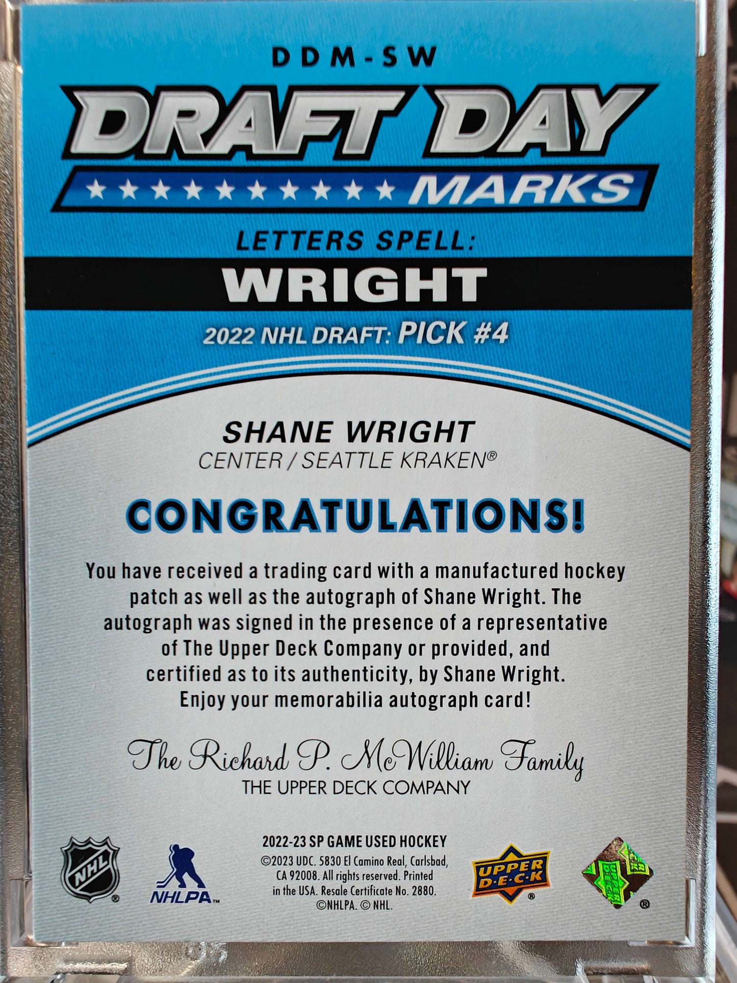 2022-23 SP Game Used Shane Wright Draft Day Marks Letter "G" Auto Patch /35