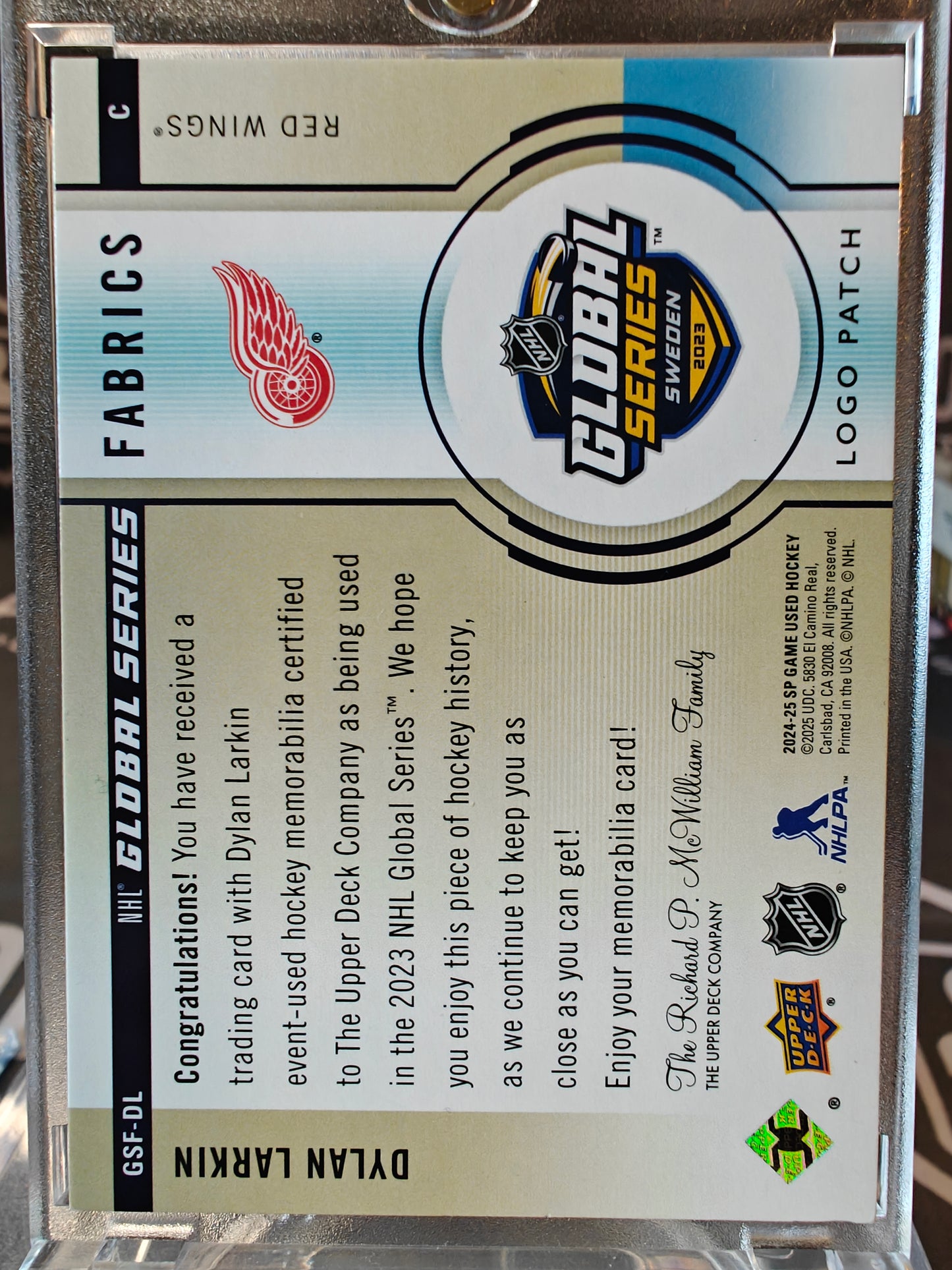 2024-25 SP Game Used Dylan Larkin #GSF-DL Global Series Fabrics Shield Patch /2