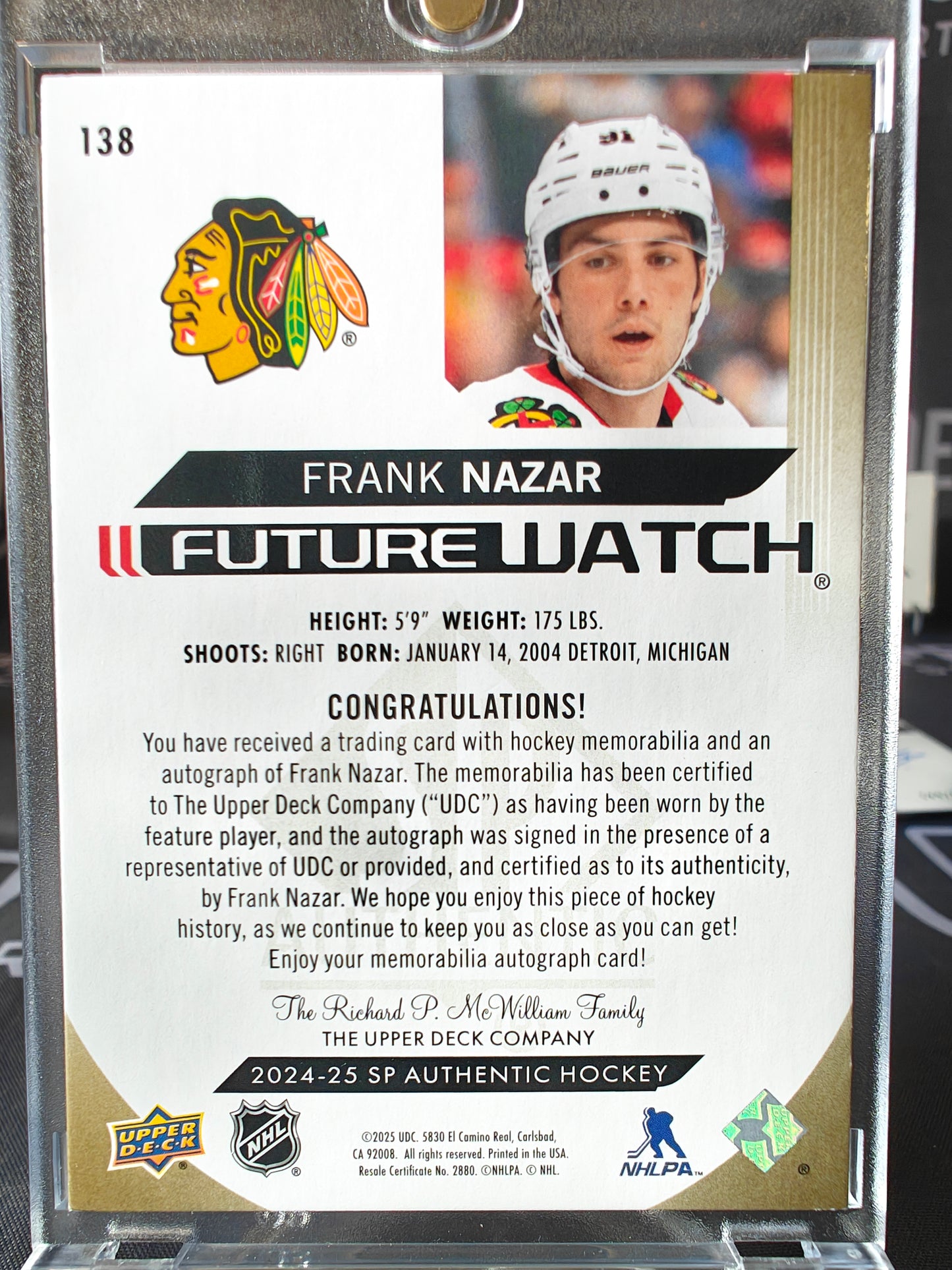 2025-26 SP AUTHENTIC Frank Nazar Future Watch Patch Auto /100
