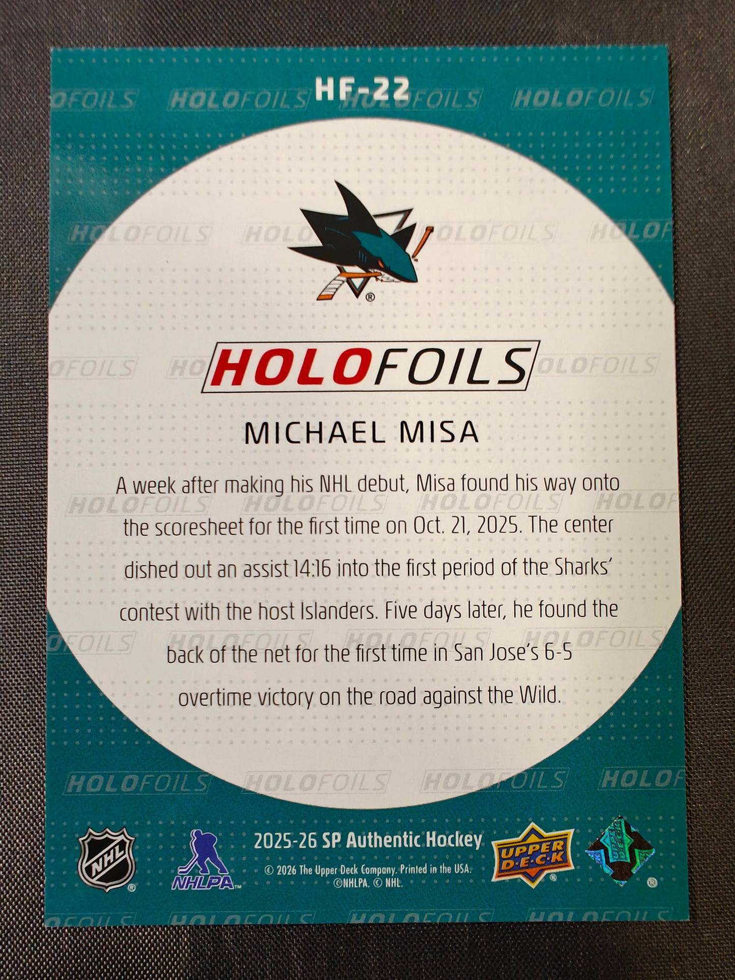 2025-26 SP Authentic. Michael Misa Holofoil Rookie. Case Hit. San Jose Sharks