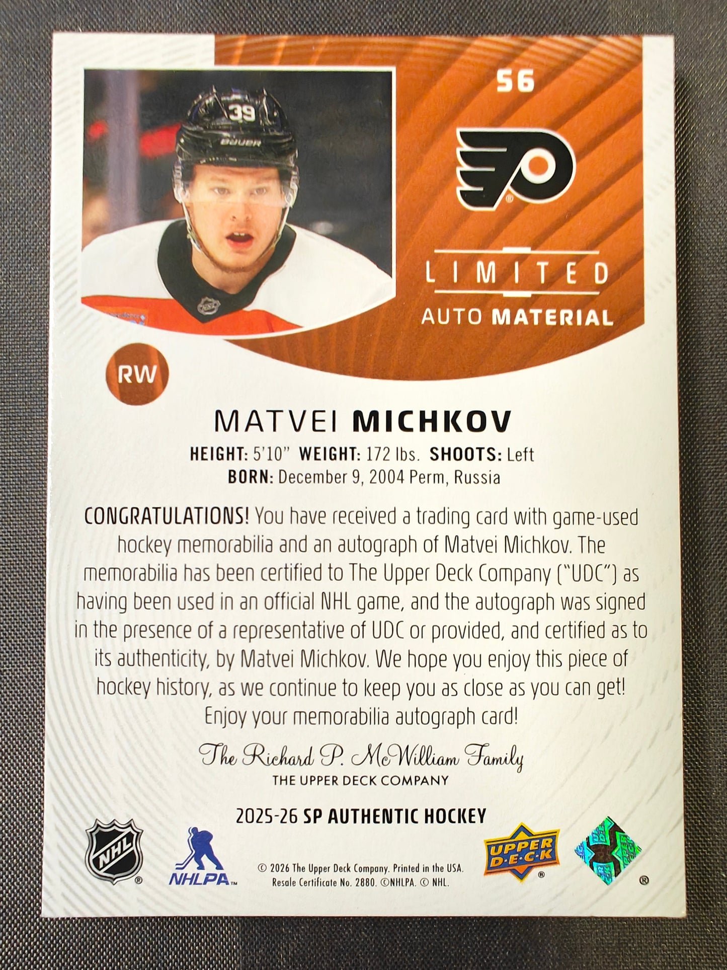 2025-26 Upper Deck SP Authentic Matvei Michkov Limited Material Patch Auto /50