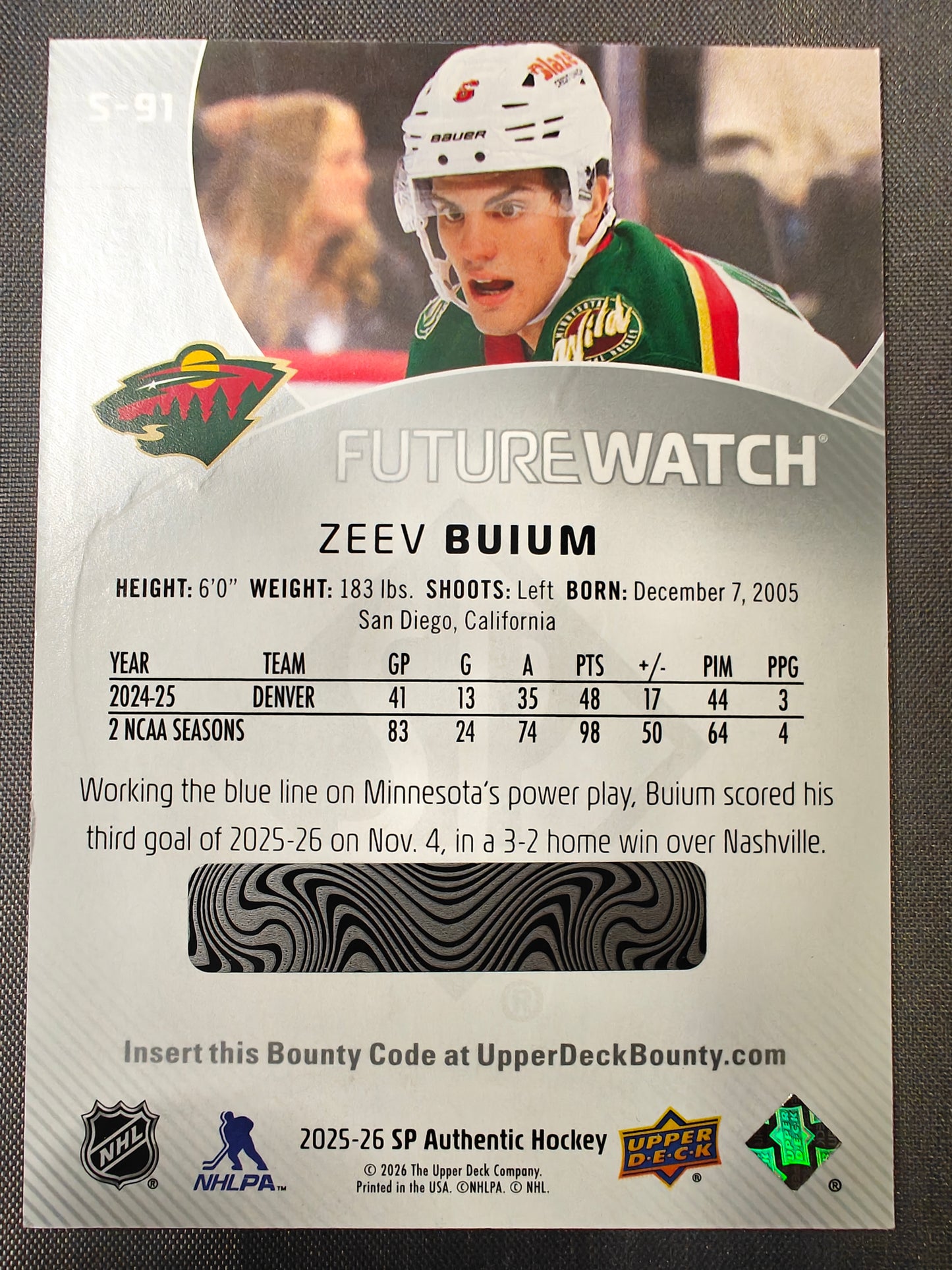 25/26 UD SP Authentic Spectrum FX Bounty Future Watch Level 3 Zeev Buium