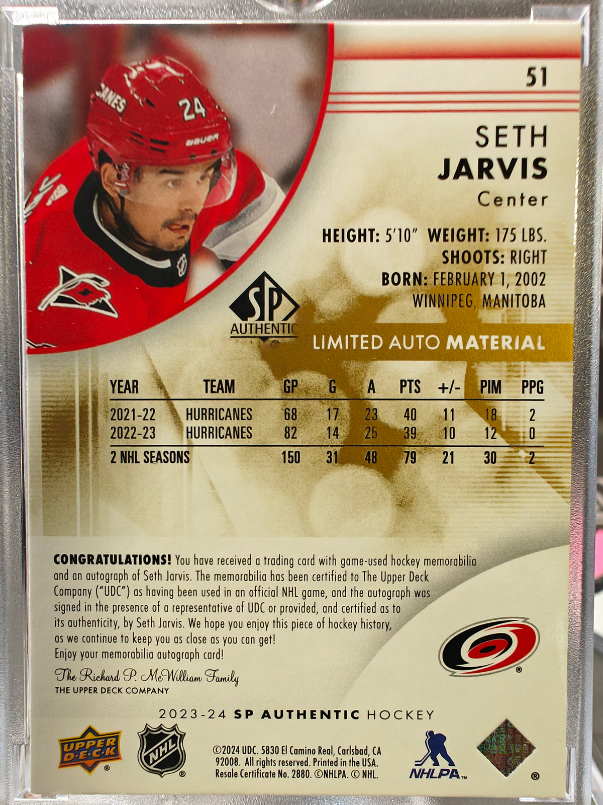 2025-26 SP Authentic Limited Auto Material Seth Jarvis Patch Auto /100