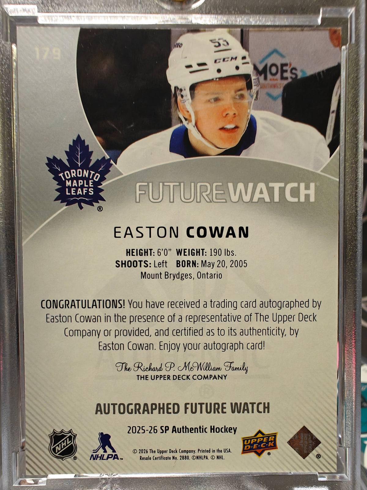 2025-26 SP Authentic Easton Cowan Future Watch Auto Rookie Card /599