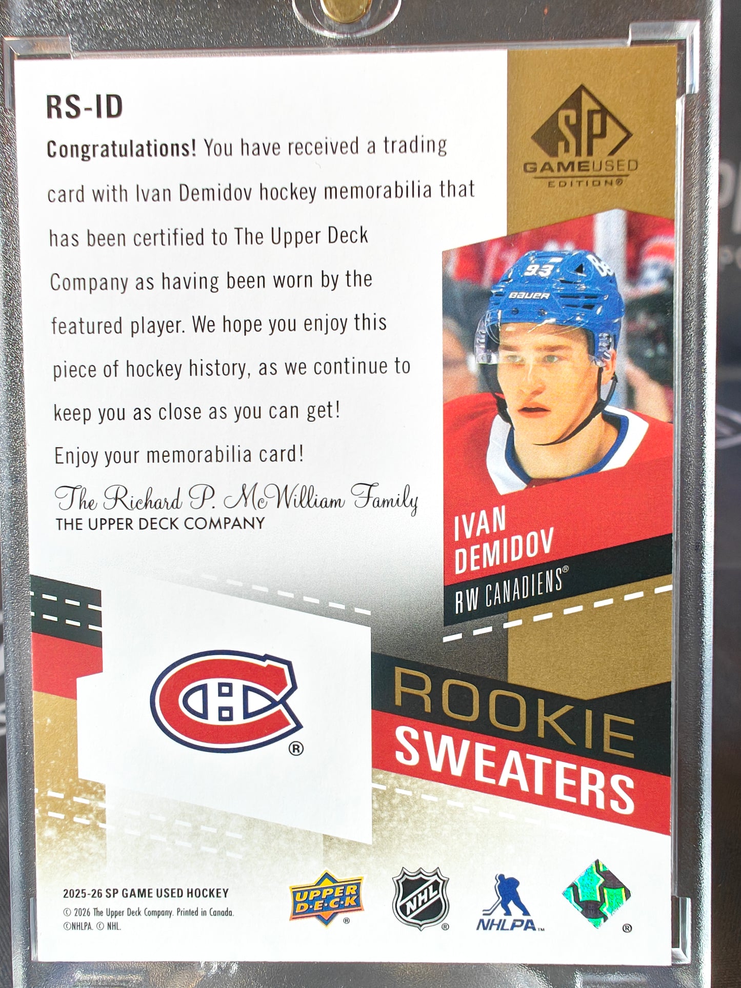 2025-26 SP Game Used Ivan Demidov Rookie Sweaters /25