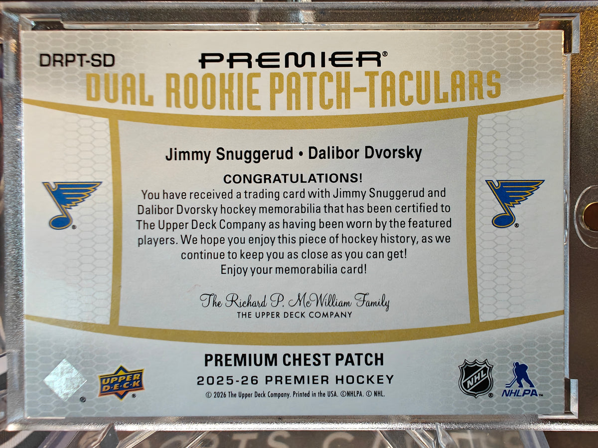 2025-26 Premier Dual Rookie Patch-Taculars Jimmy Snuggerud Dalibor Dvorsky /25