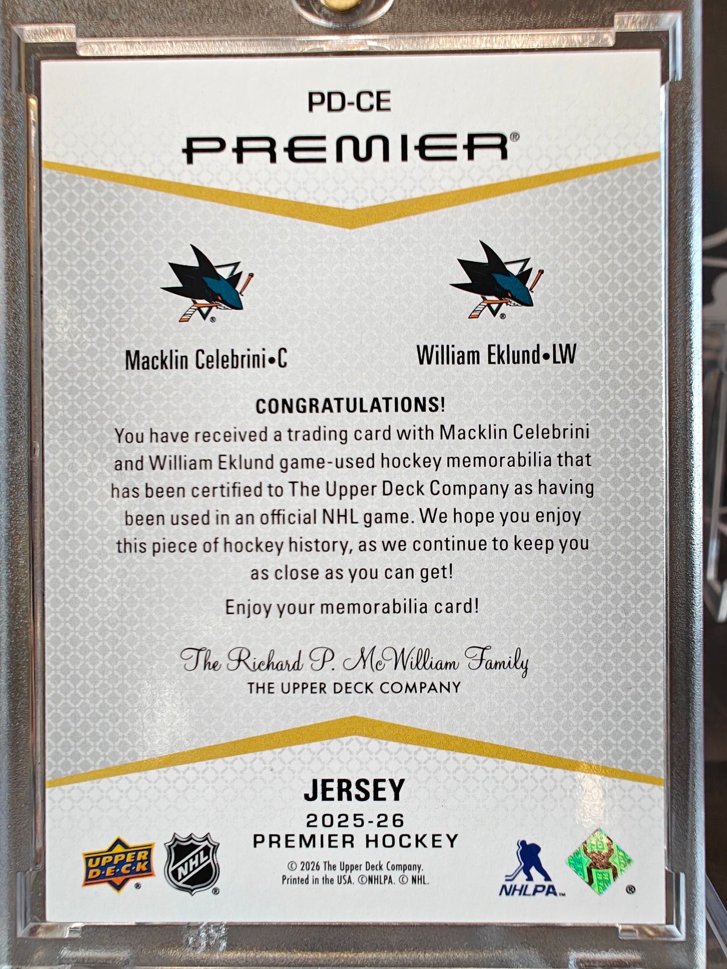 2025-26 Upper Deck Premier Macklin Celebrini & William Eklund Jersey /99