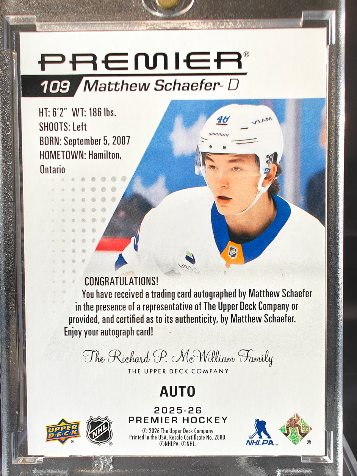 Matthew Schaefer 2025-26 Premier Rookie Auto #109 back