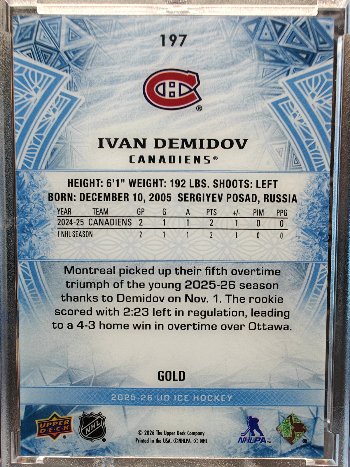 Ivan Demidov 2025-26 Upper Deck Ice Premieres Gold back
