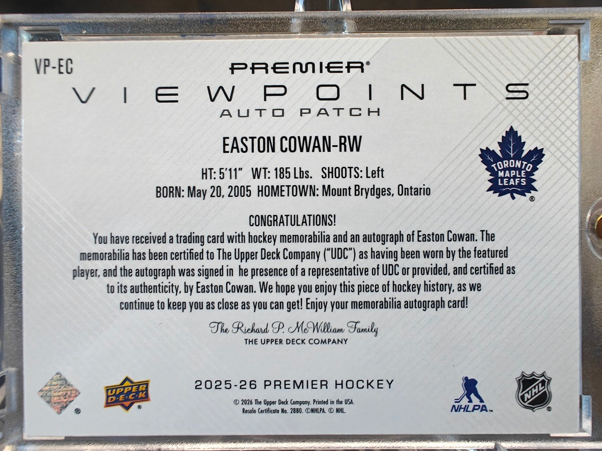 2025-26 Upper Deck Premier Easton Cowan View Points Auto Patch back