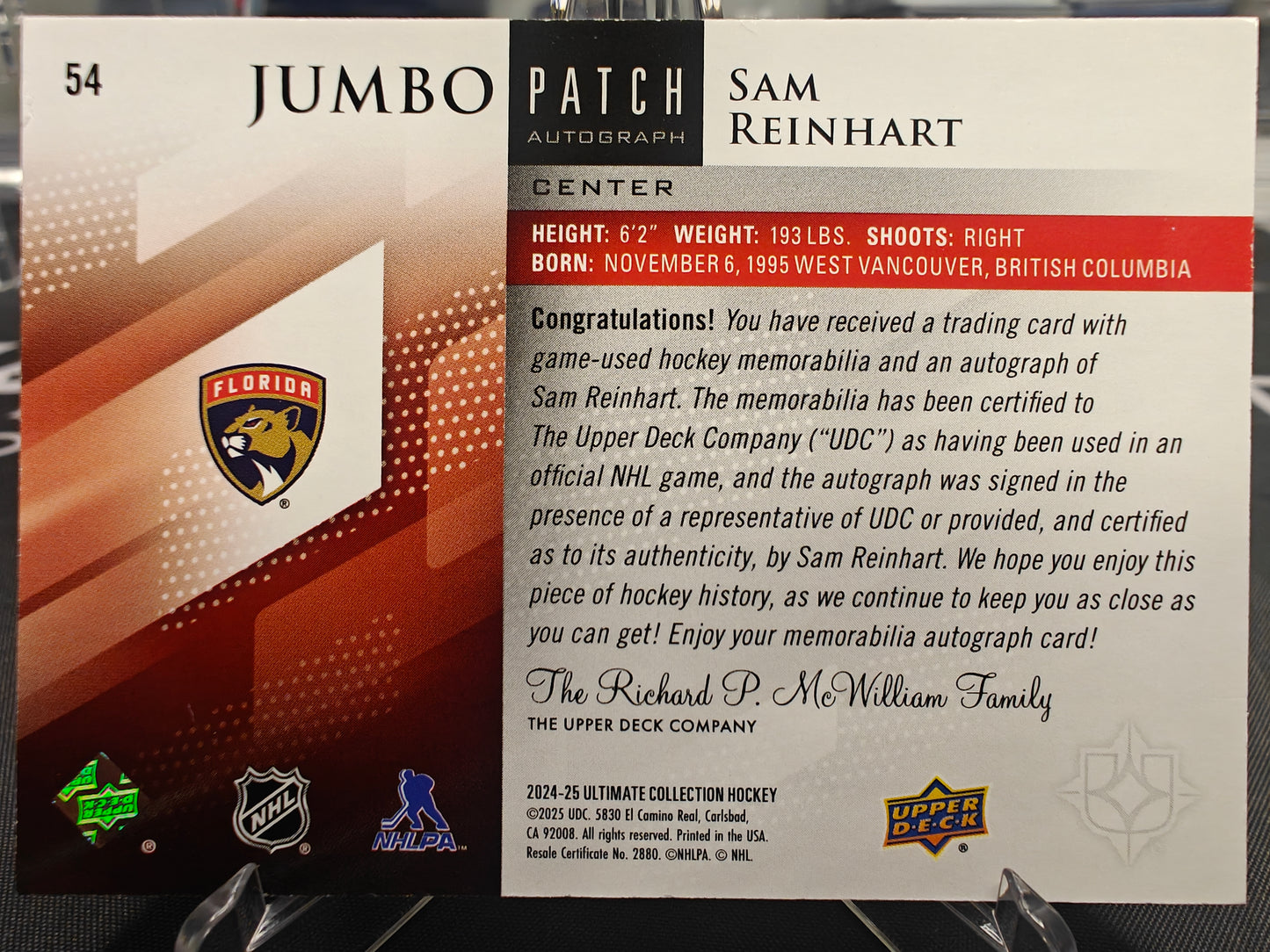 2024-25 Upper Deck Ultimate Collection Sam Reinhart Florida Jumbo Patch Auto /10