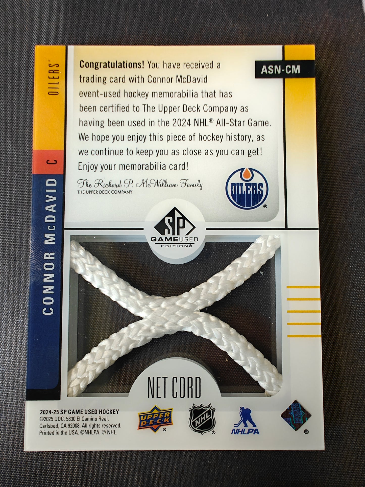 2024-25 SP Game Used Connor McDavid 2024 NHL All-Star Net Cord /35 Oilers ASN-CM