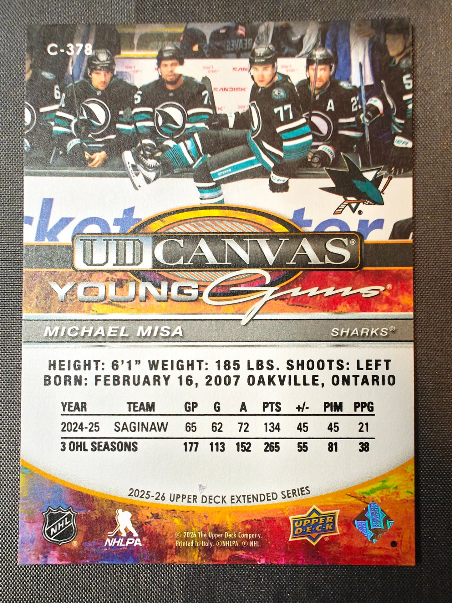 Michael Misa 2025-26 Upper Deck Extended Young Guns Canvas C-378