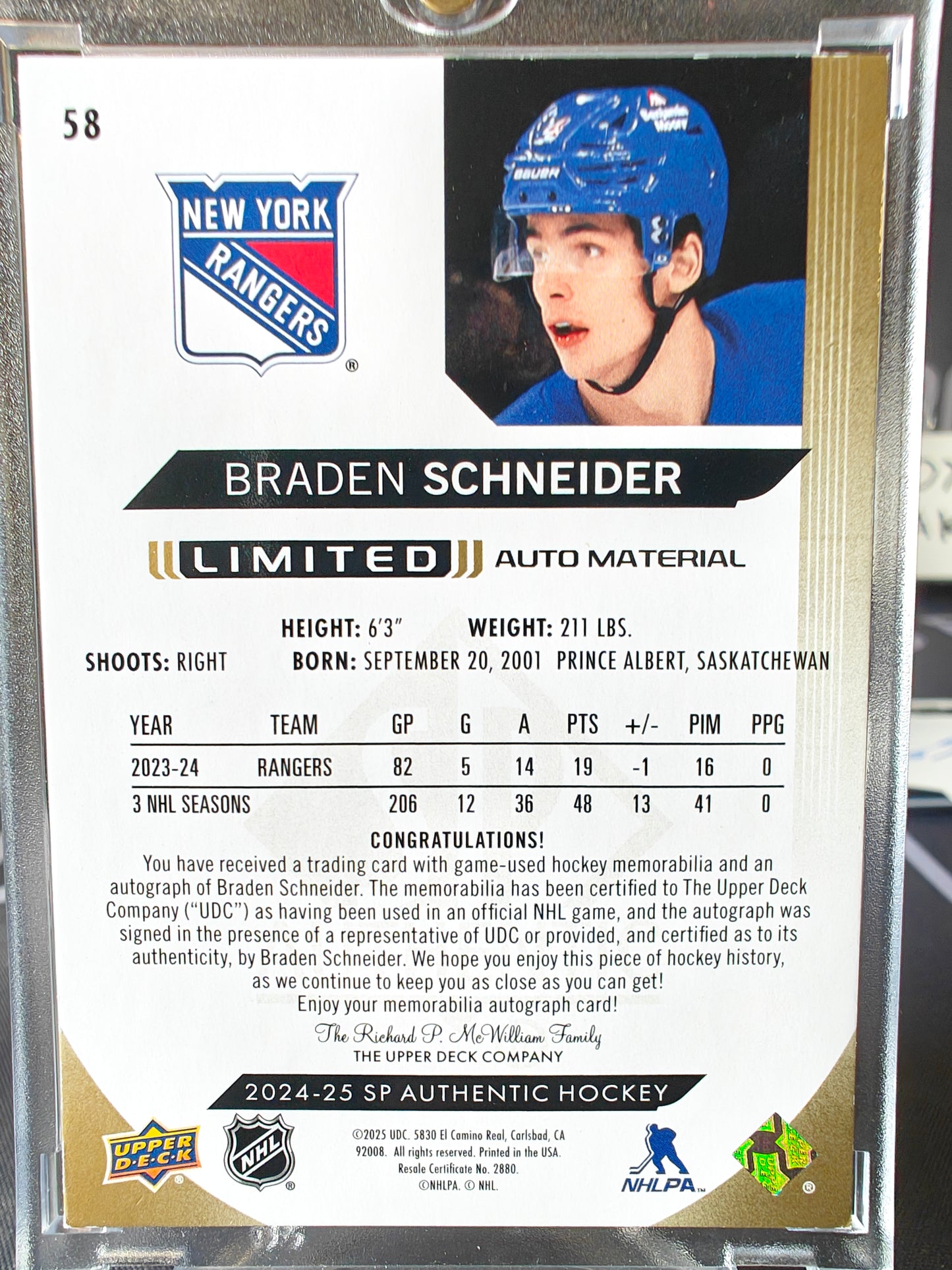 2025-26 SP AUTHENTIC Braden Schneider Limited Auto Material Path Auto /100