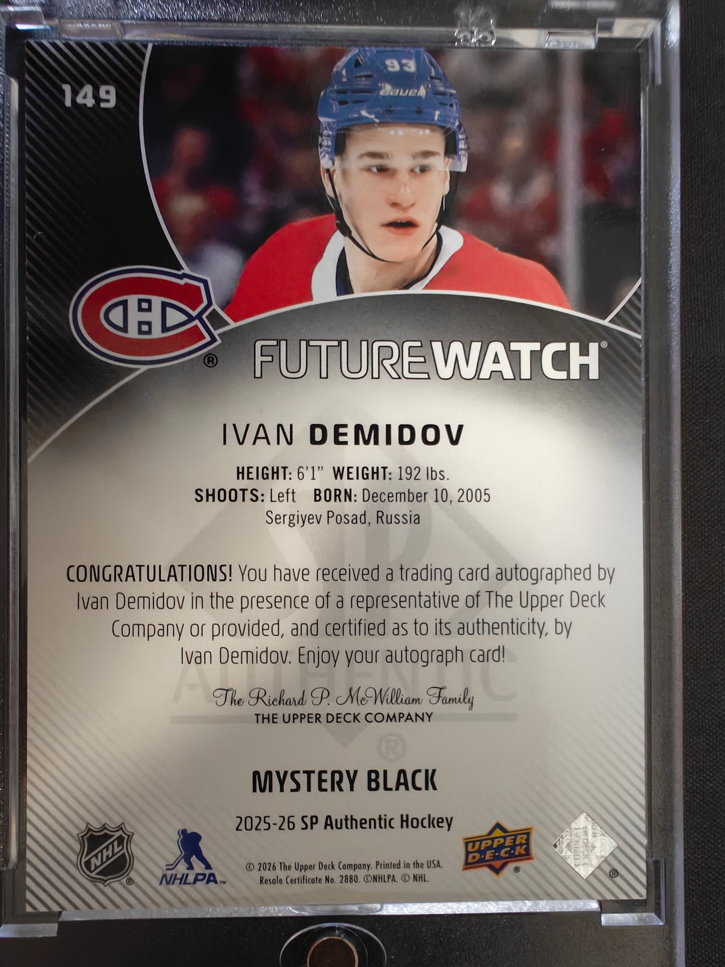 2025-26 SP Authentic Ivan Demidov Future Watch Auto Mystery Black SSP Montreal