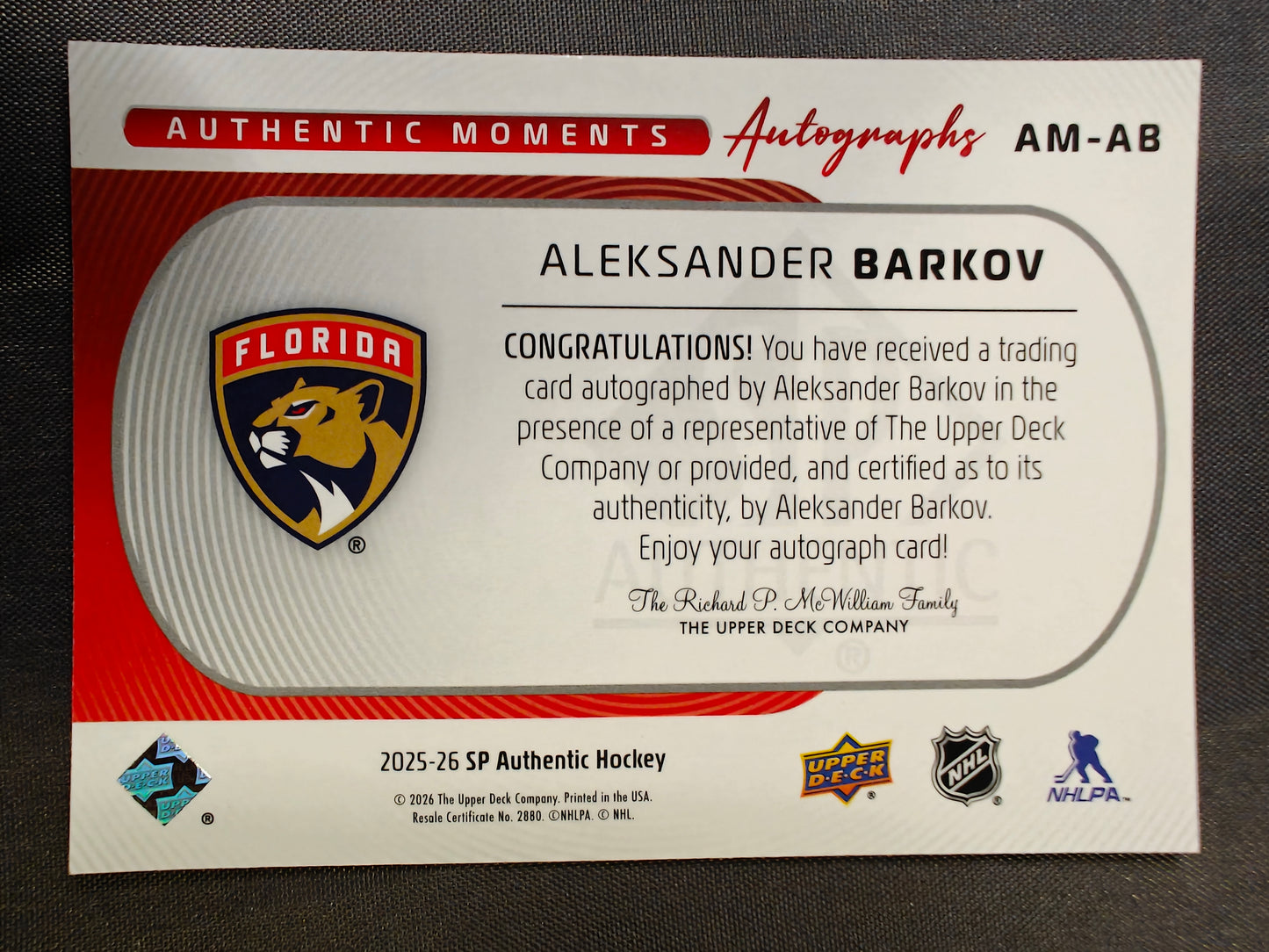 25-26 SP AUTHENTIC AUTHENTIC MOMENTS AUTO ALEKSANDER BARKOV
