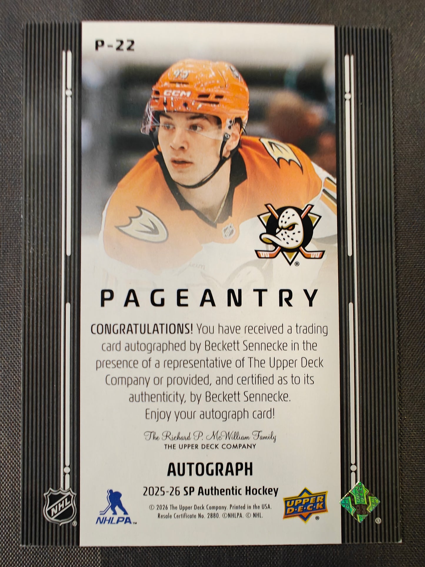 2025-26 AP Authentic Beckett Sennecke Pageantry Auto SSP #P22 Ducks