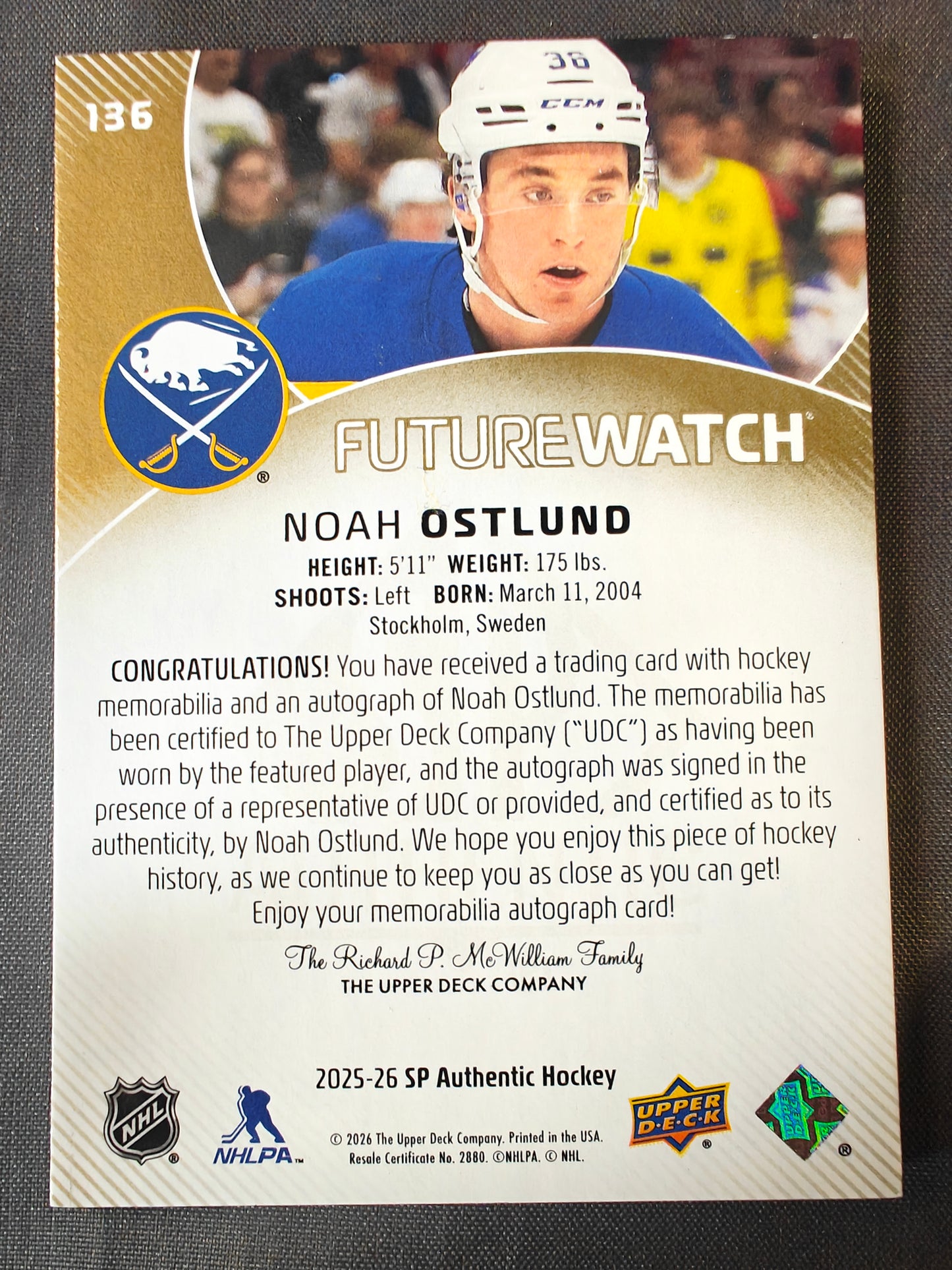 NOAH OSTLUND 2025-26 UPPER DECK SP AUTHENTIC FUTURE WATCH AUTO PATCH/100 #136