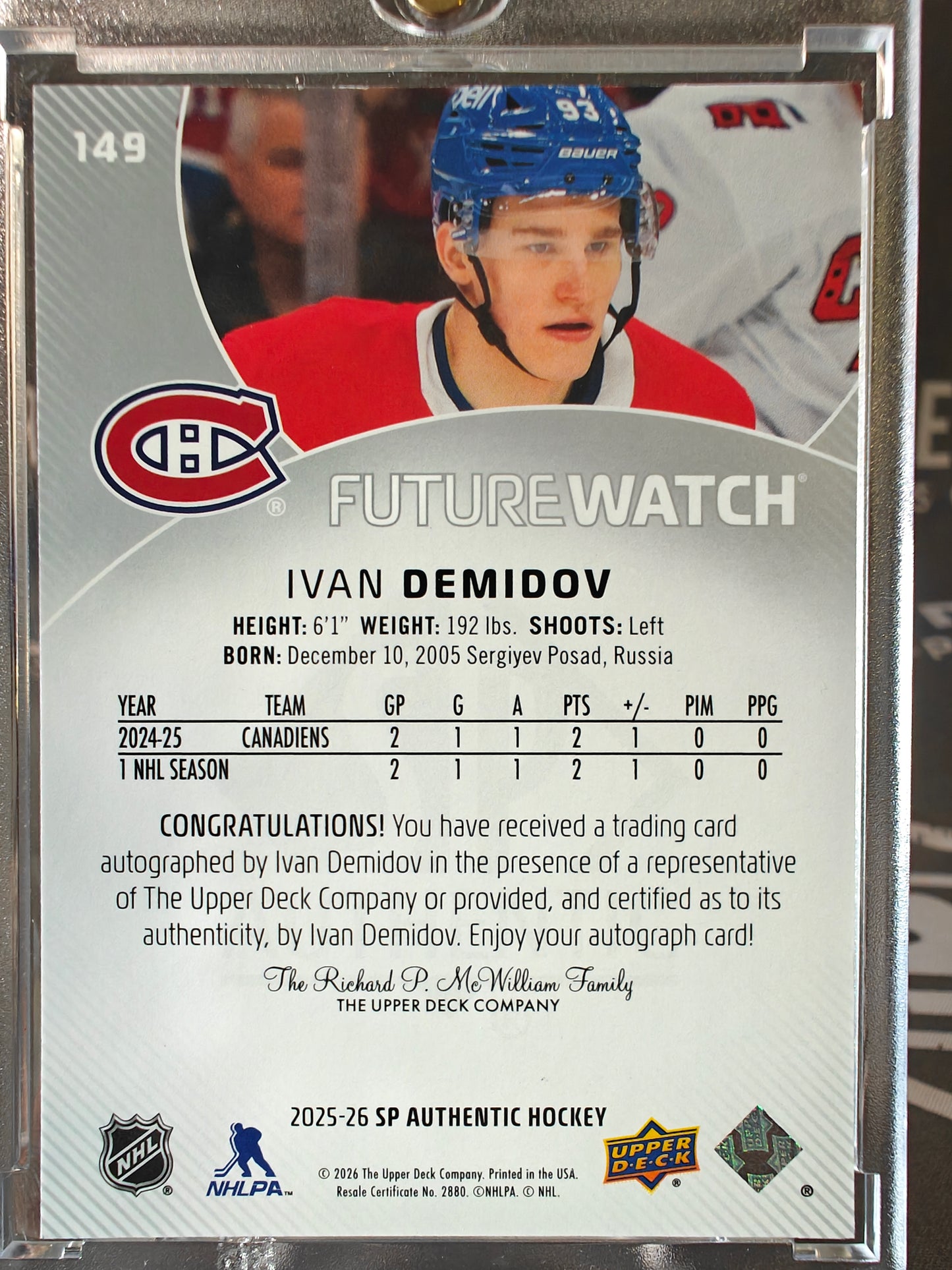 2025-26 SP Authentic Ivan Demidov Future Watch Auto Rookie Card /999