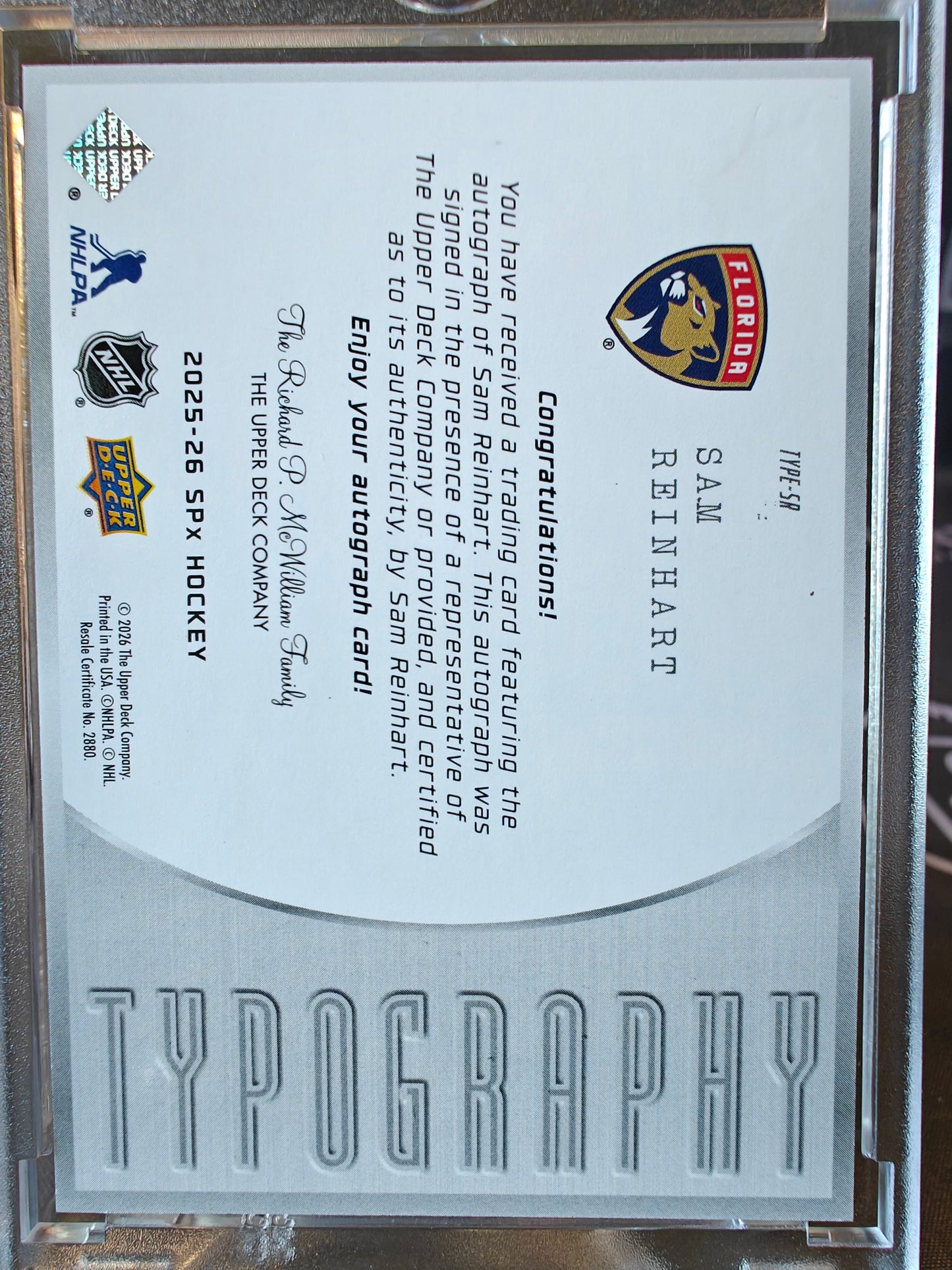 2025-26 SPX TYPOGRAPHY GOLD AUTO SAM REINHART FLORIDA PANTHERS /25