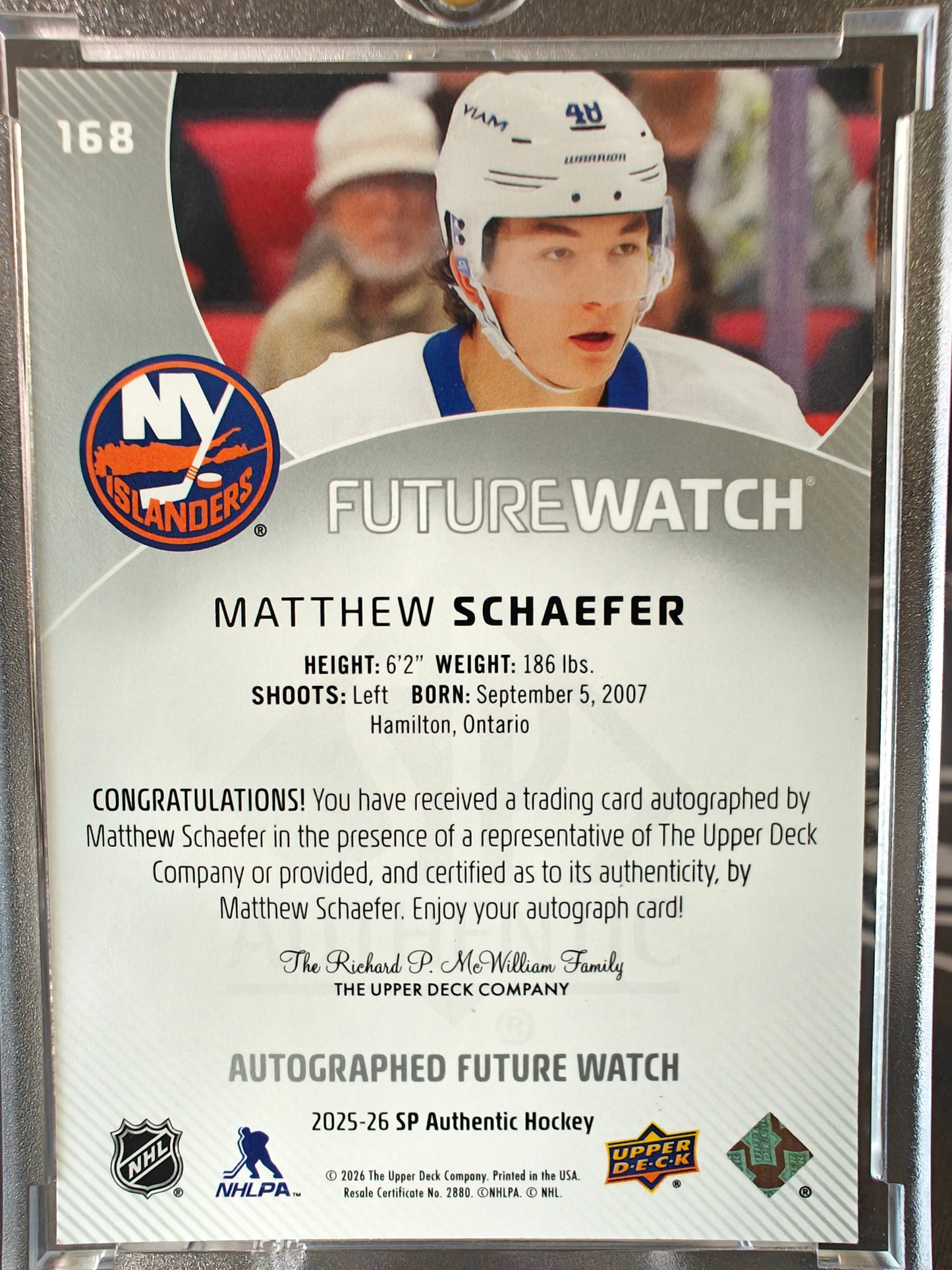 2025-26 SP Authentic Matthew Schaefer Future Watch Auto Rookie Card /199