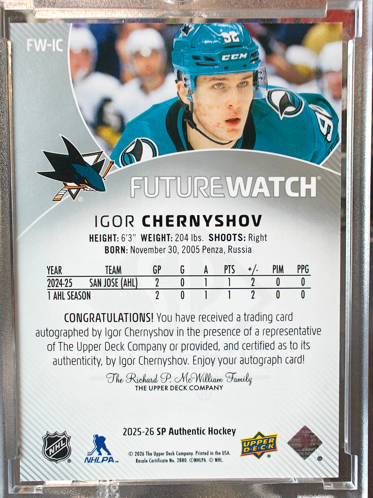 2025-26 SP Authentic Igor Chernyshov Future Watch Auto Rookie Card /999