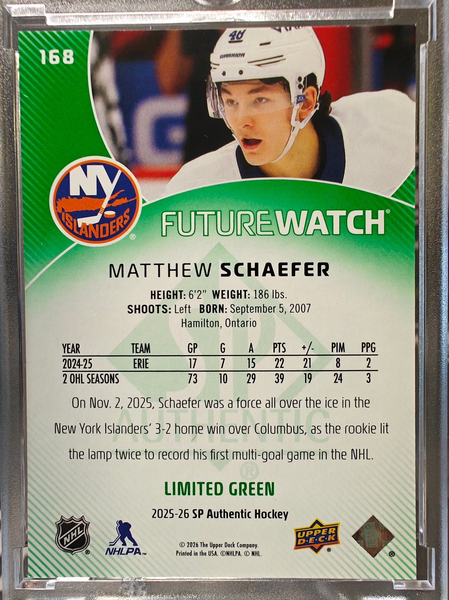 2025-26 Matthew Schaefer Future Watch Limited Green 18/199