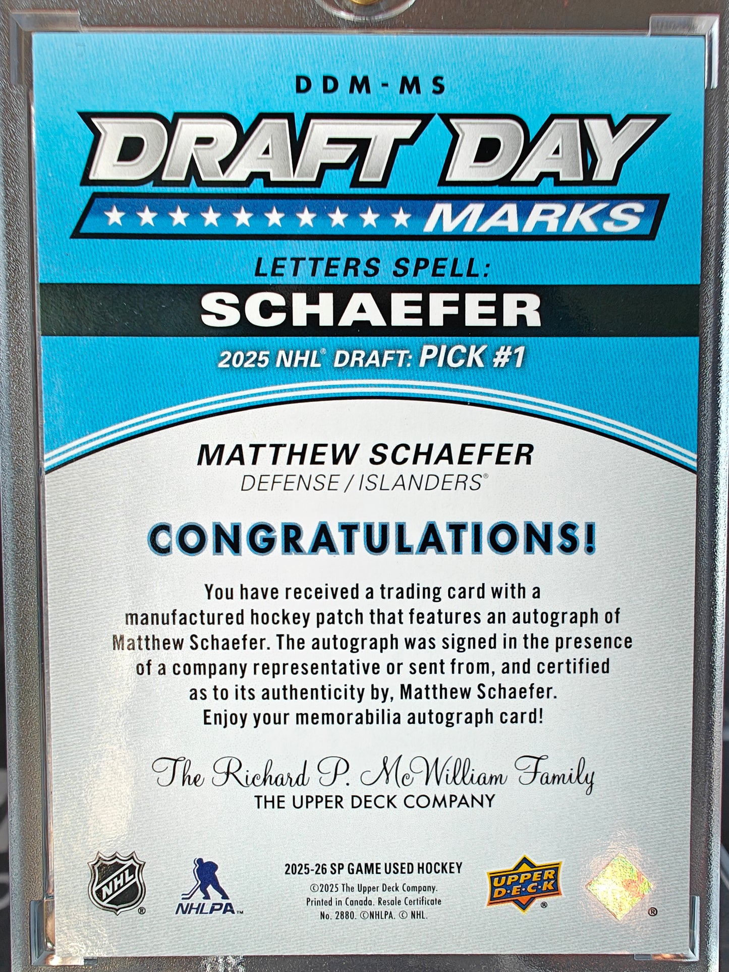 2025-26 UD SP Game Used Matthew Schaefer Draft Day Marks Patch Auto “H” 01/35