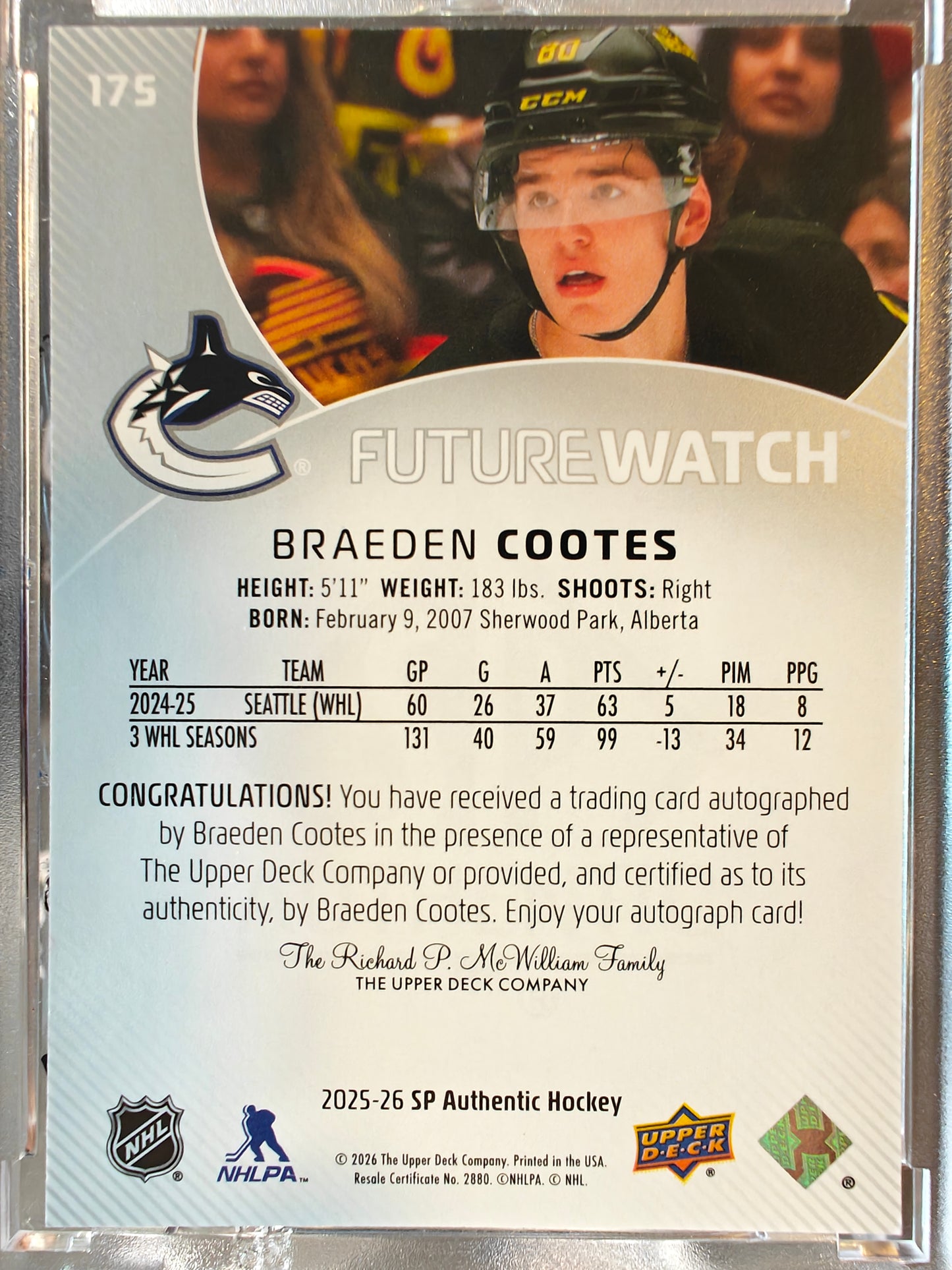 Braeden Cootes Future Watch Auto Rookie Card /999