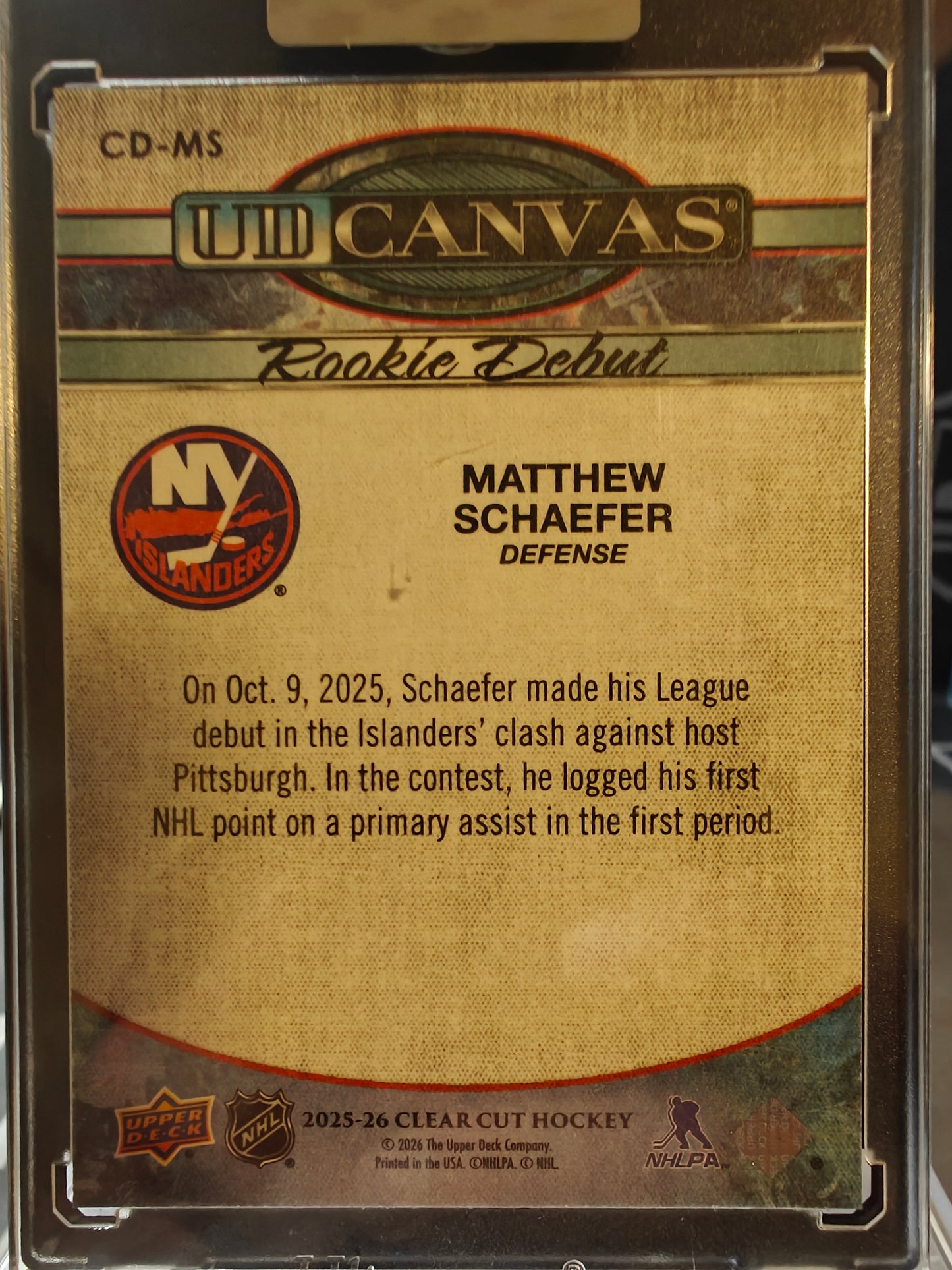 2025-26 Upper Deck Clear Cut Hockey Matthew Schaefer UD Canvas Rookie Debut RC