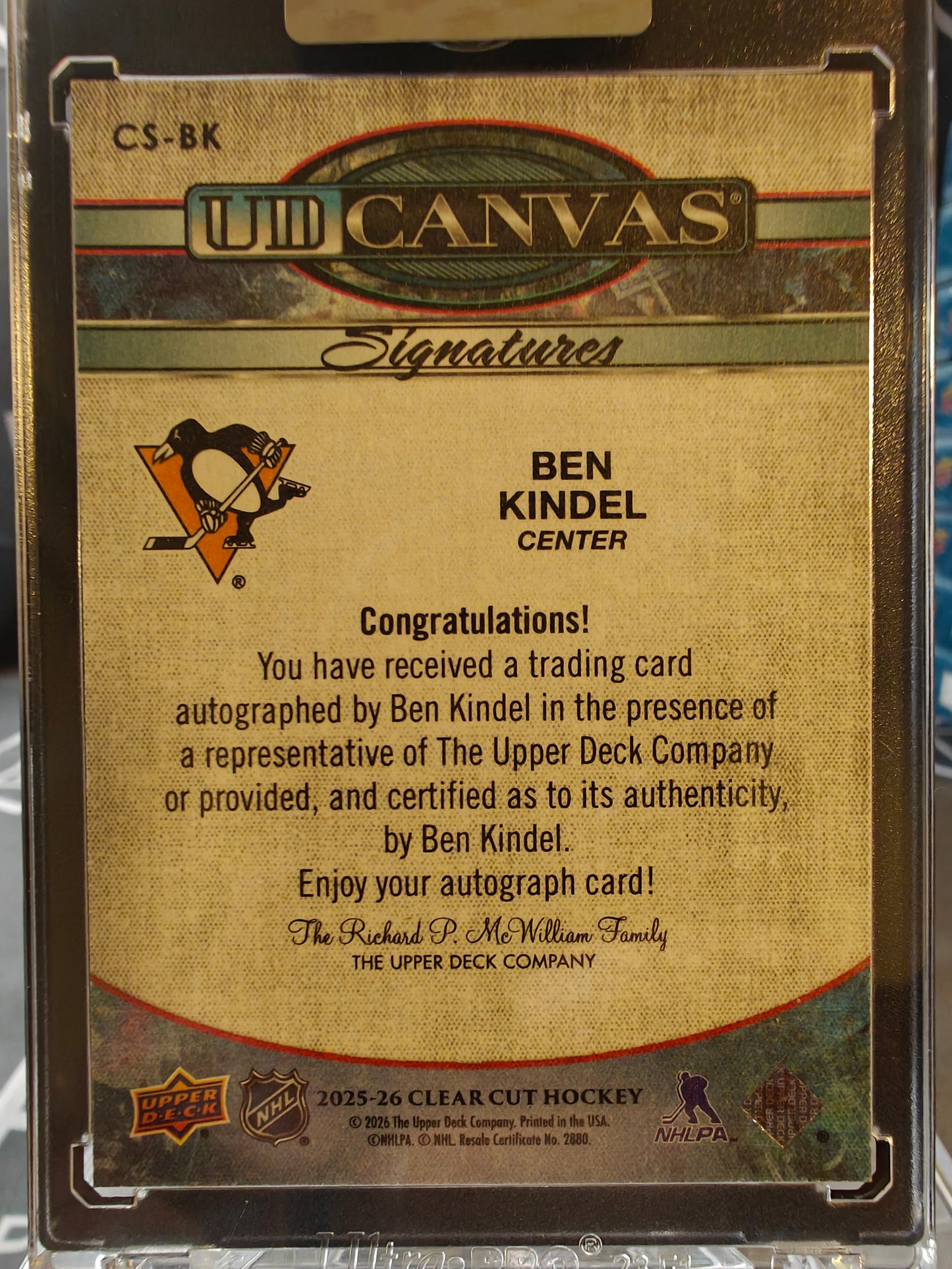 2025-26 Upper Deck Clear Cut Hockey Ben Kindel UD Canvas Red Ink