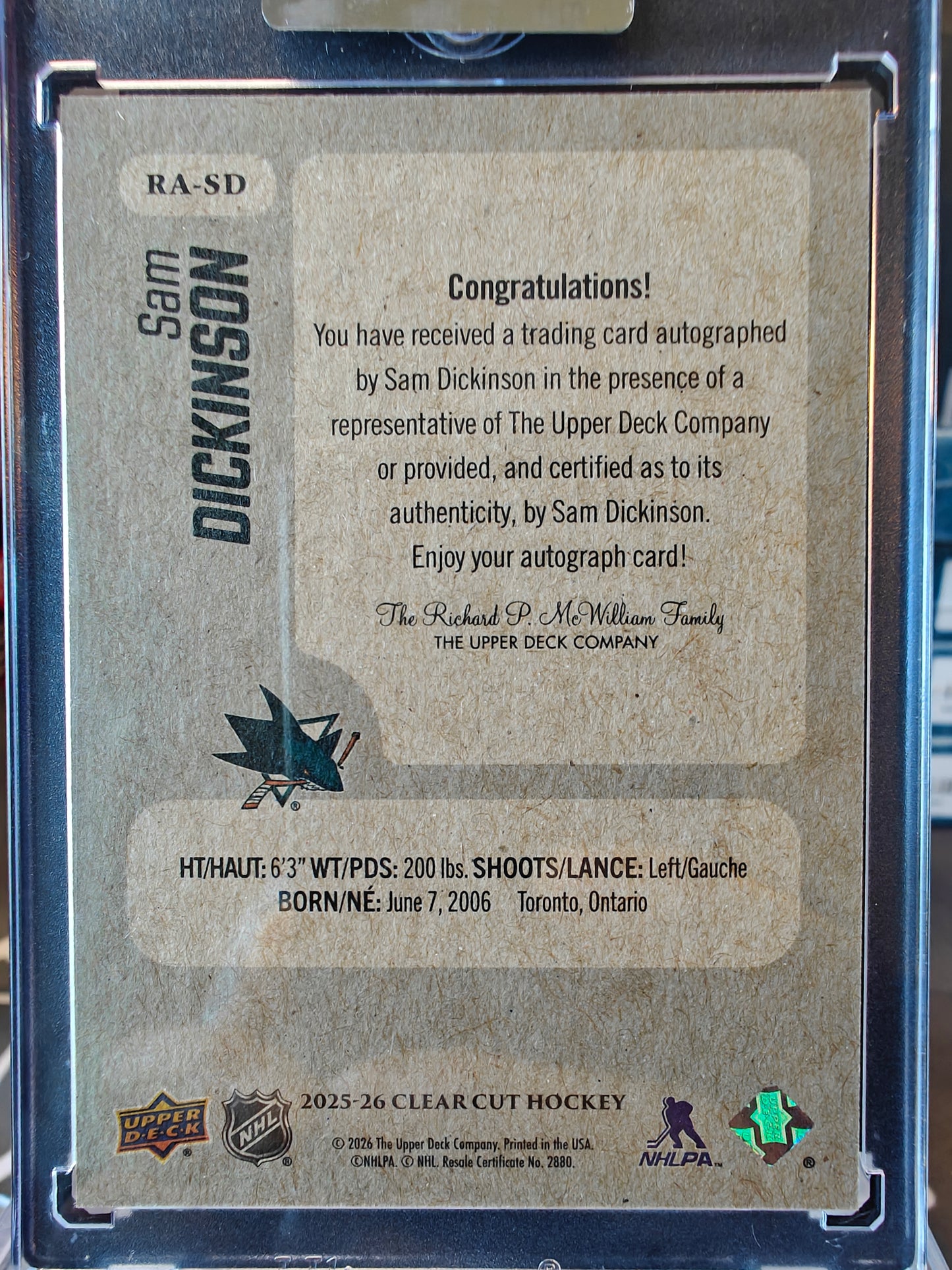 2025-26 Clear Cut Sam Dickinson Retro Auto Rookie