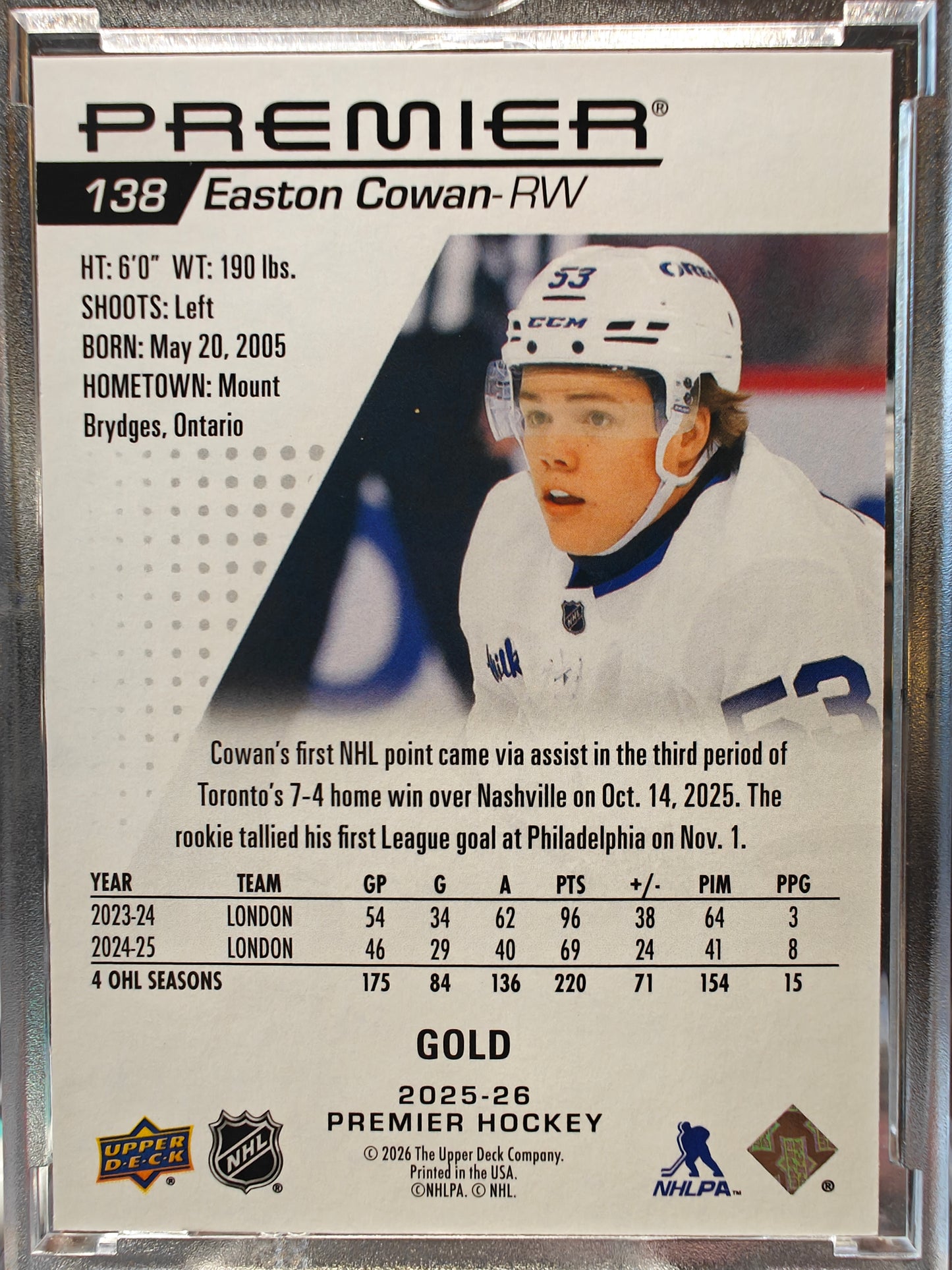 2025-26 Premier Easton Cowan Rookie /199