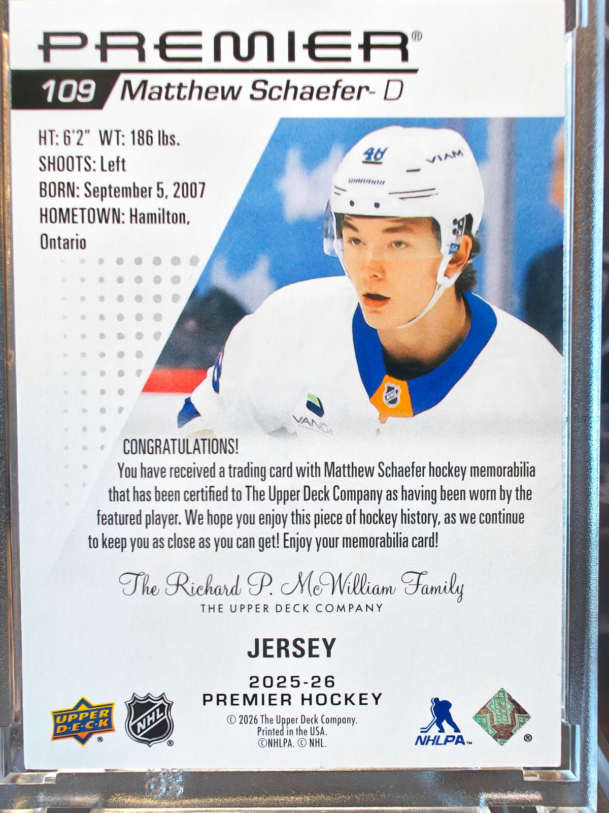 2025-26 Premier Matthew Schaefer Rookie Jersey Patch