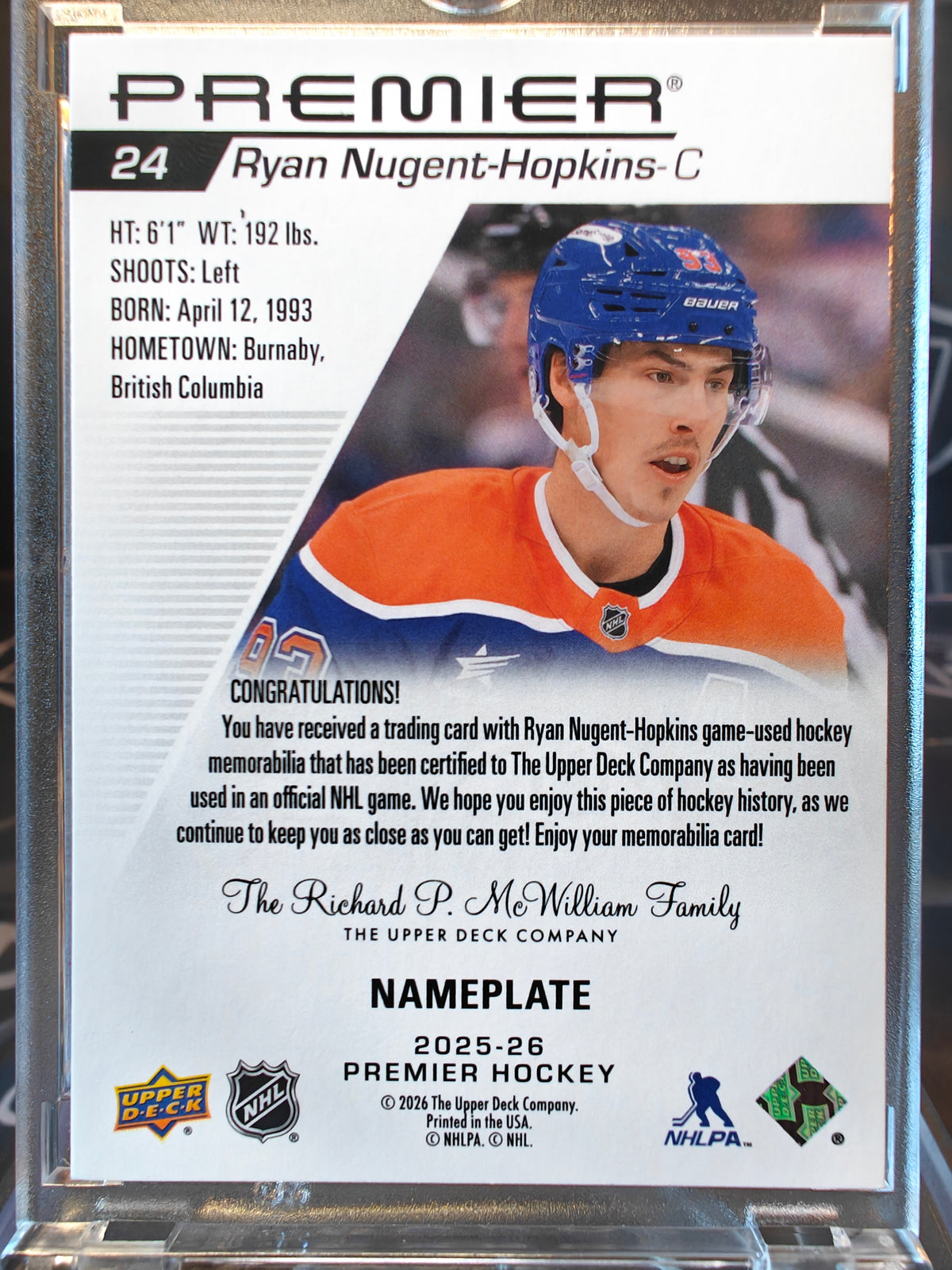 2025-26 Upper Deck Premier Ryan Nugent-Hopkins Oilers Nameplate /3