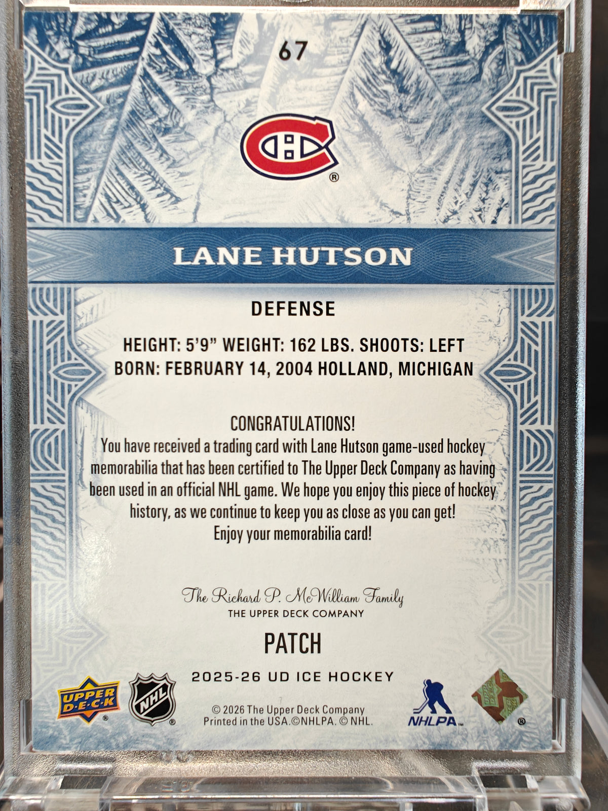 Lane Hutson 2025-26 Upper Deck Ice Cool Threads Patch back