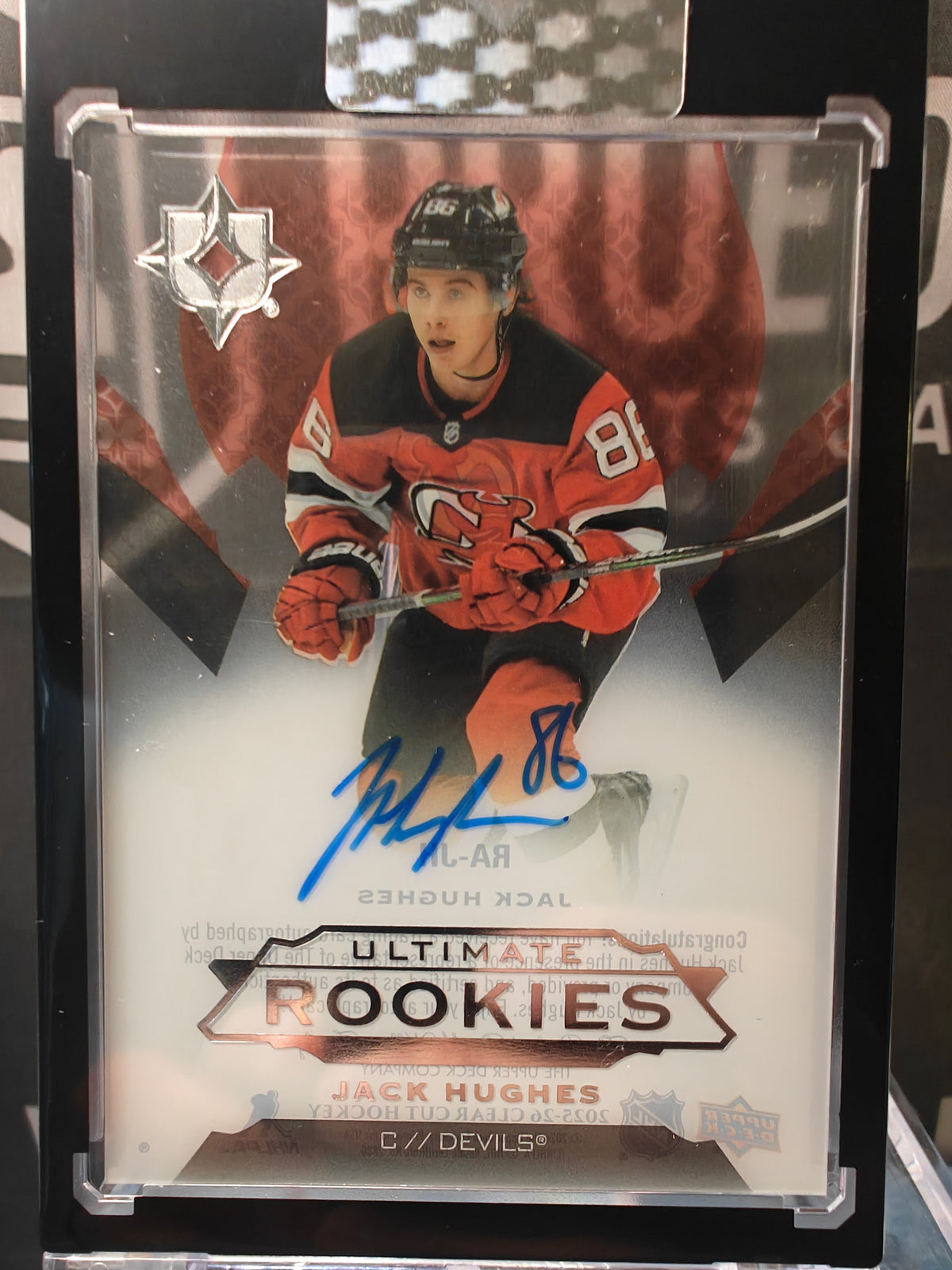 Jack Hughes 2025-26 Clear Cut Radiant Auto front