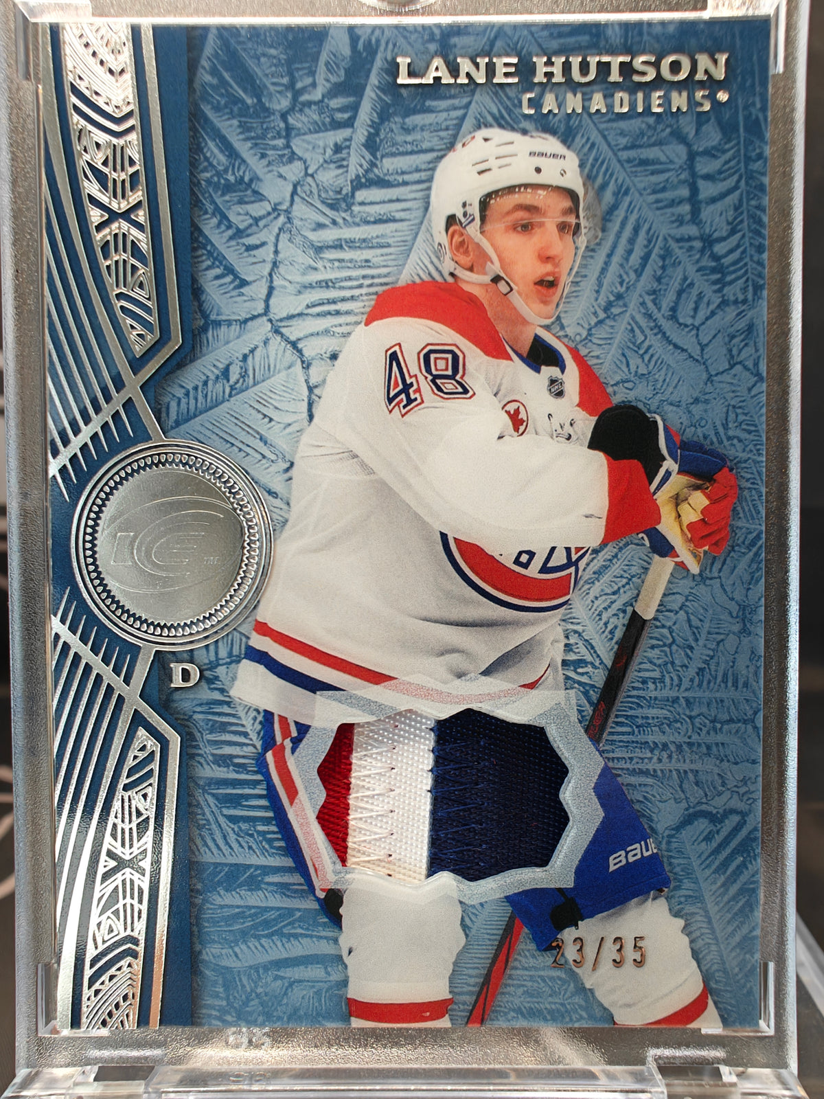 Lane Hutson 2025-26 Upper Deck Ice Cool Threads Patch front