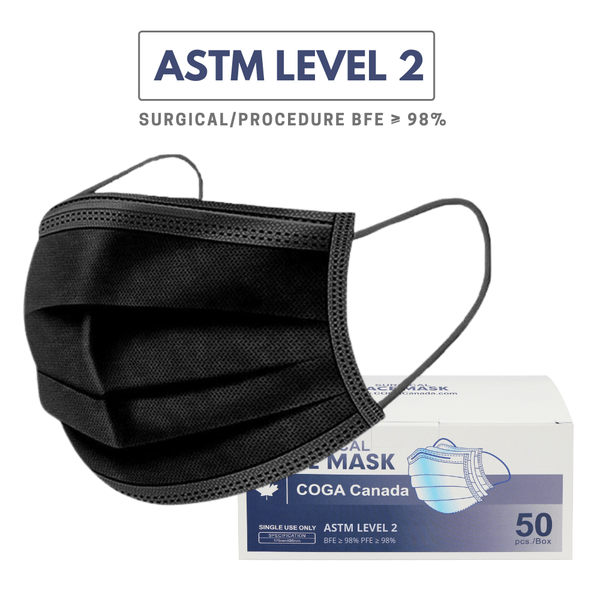 50 pack - Black - Surgical Face Masks (ASTM Level 2)